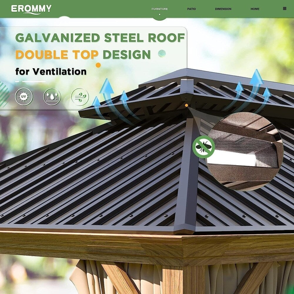 Gazebo extérieur à toit rigide avec double toit en acier galvanisé et cadre en aluminium, pergola extérieure avec rideaux et moustiquaires haut de gamme.