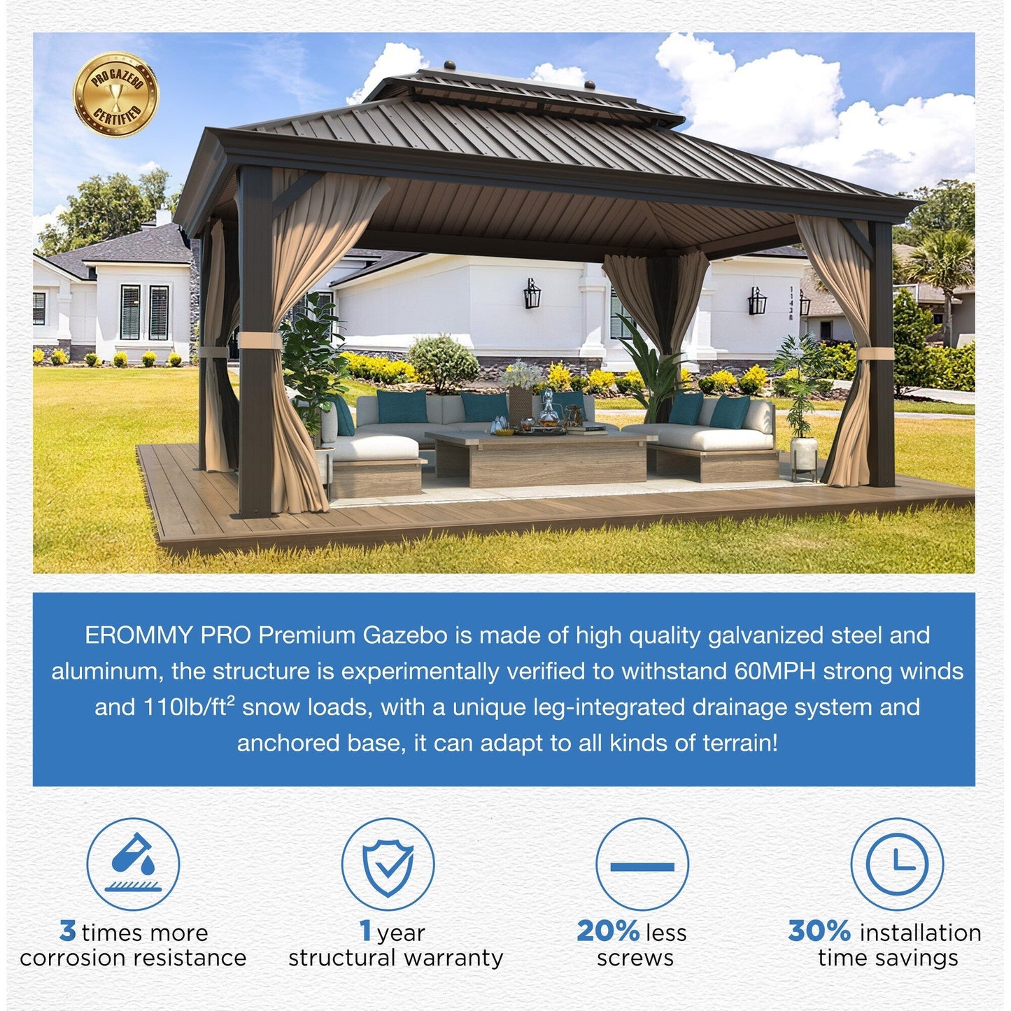 Gazebo extérieur à toit rigide avec double toit en acier galvanisé et cadre en aluminium, pergola extérieure avec rideaux et moustiquaires haut de gamme.
