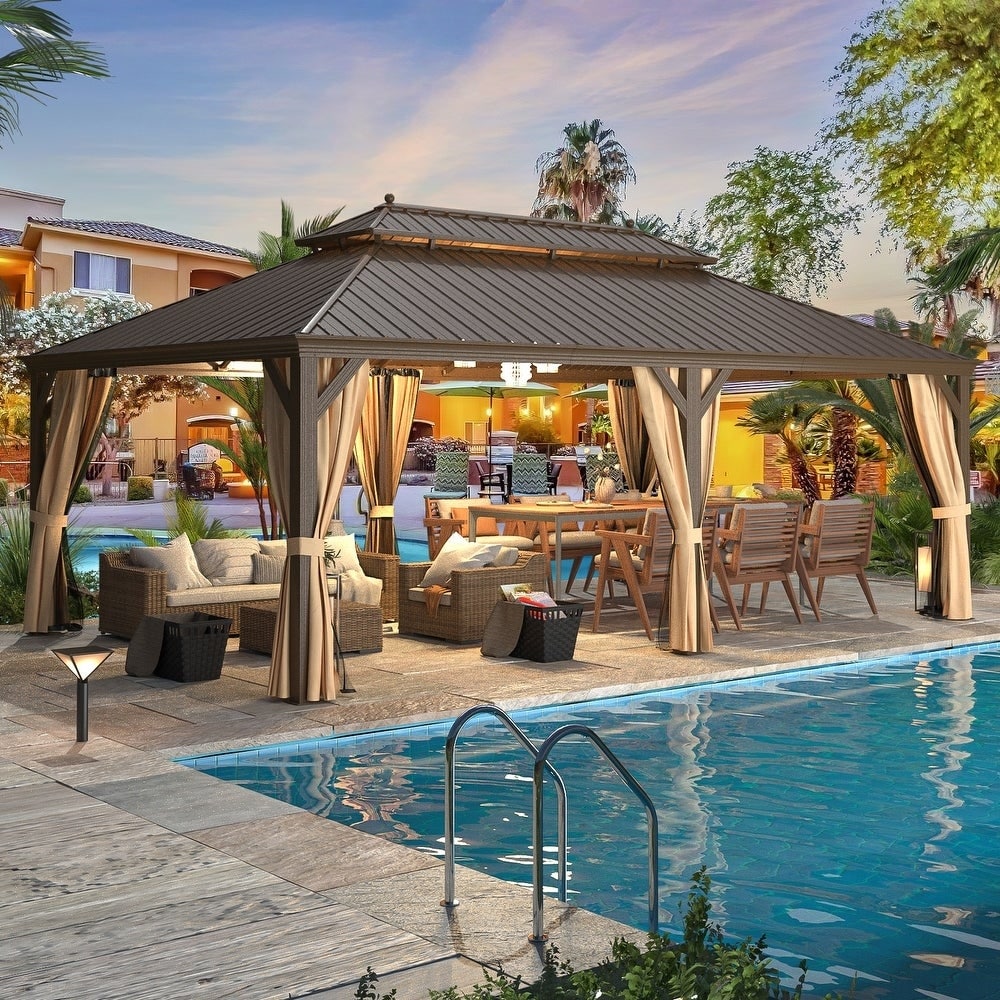 Gazebo extérieur à toit rigide avec double toit en acier galvanisé et cadre en aluminium, pergola extérieure avec rideaux et moustiquaires haut de gamme.