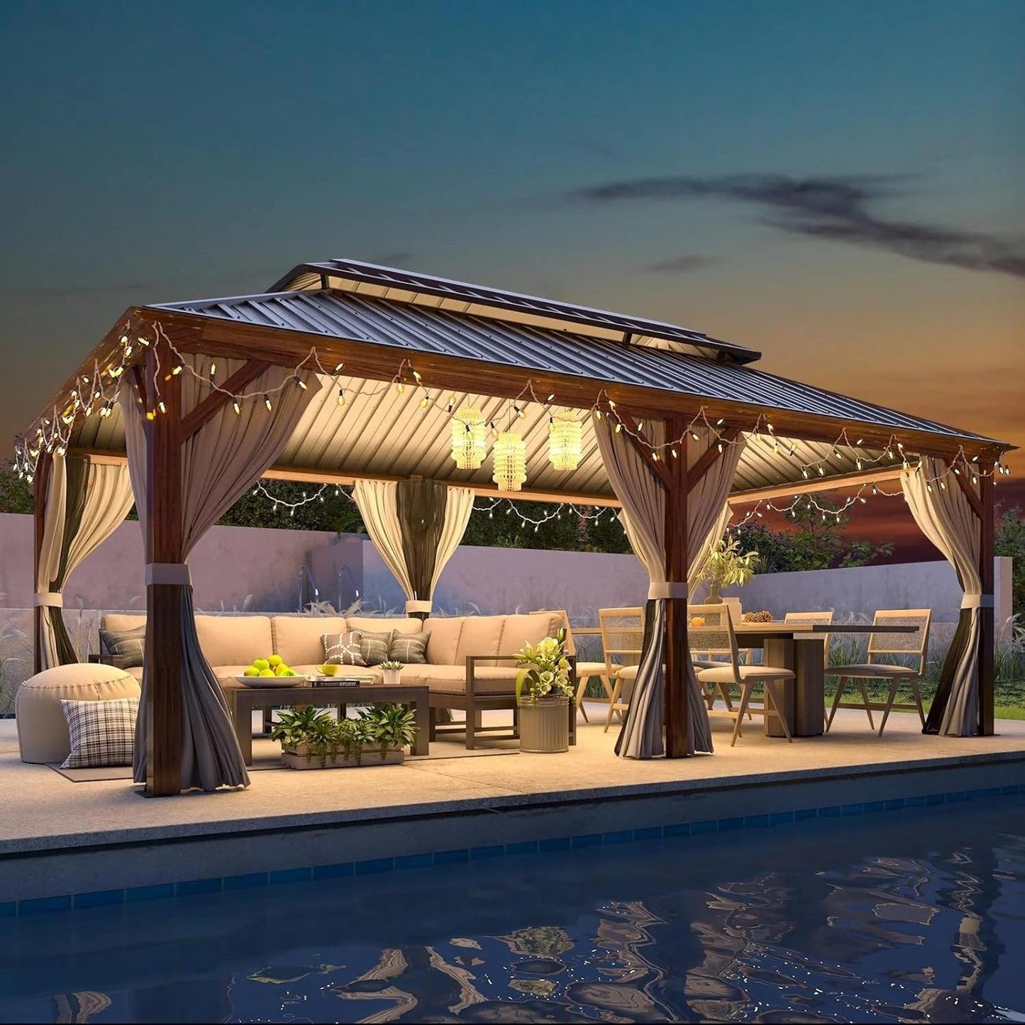 Gazebo extérieur à toit rigide avec double toit en acier galvanisé et cadre en aluminium, pergola extérieure avec rideaux et moustiquaires haut de gamme.
