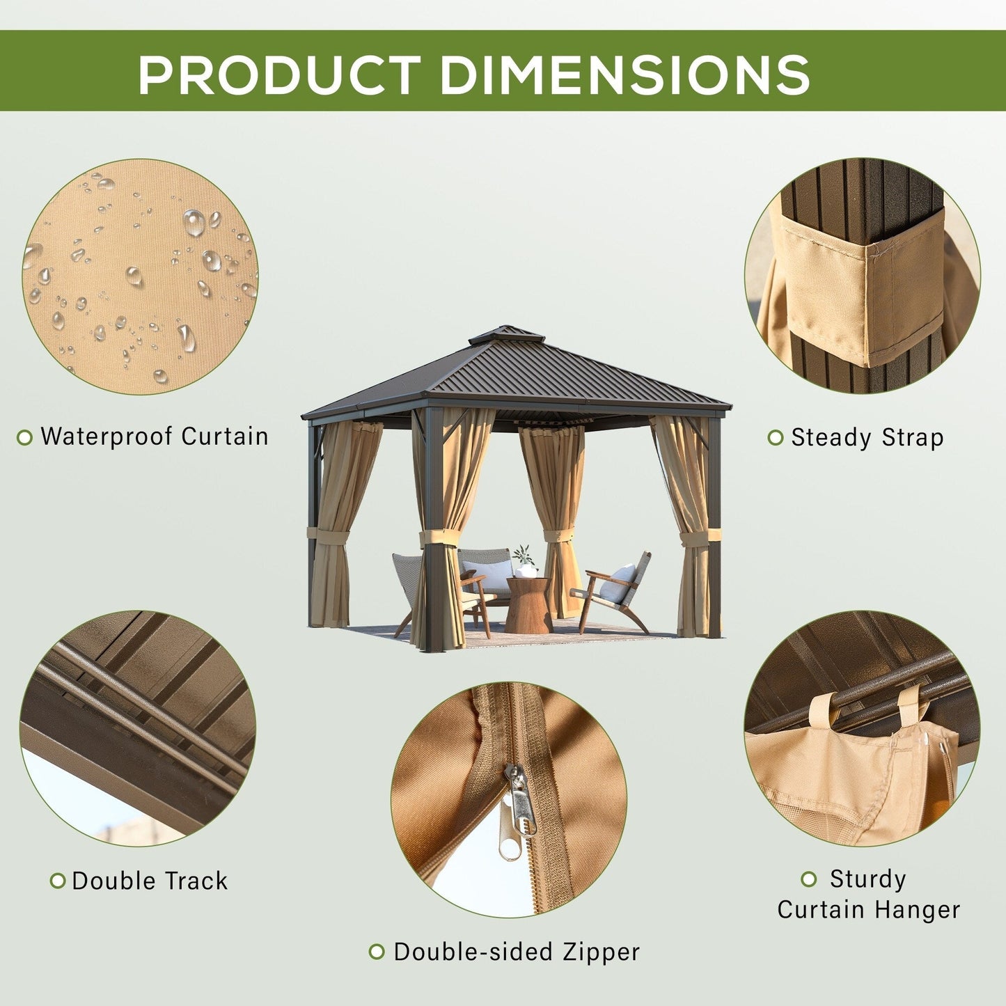 Gazebo extérieur à toit rigide avec double toit en acier galvanisé et cadre en aluminium, pergola extérieure avec rideaux et moustiquaires haut de gamme.