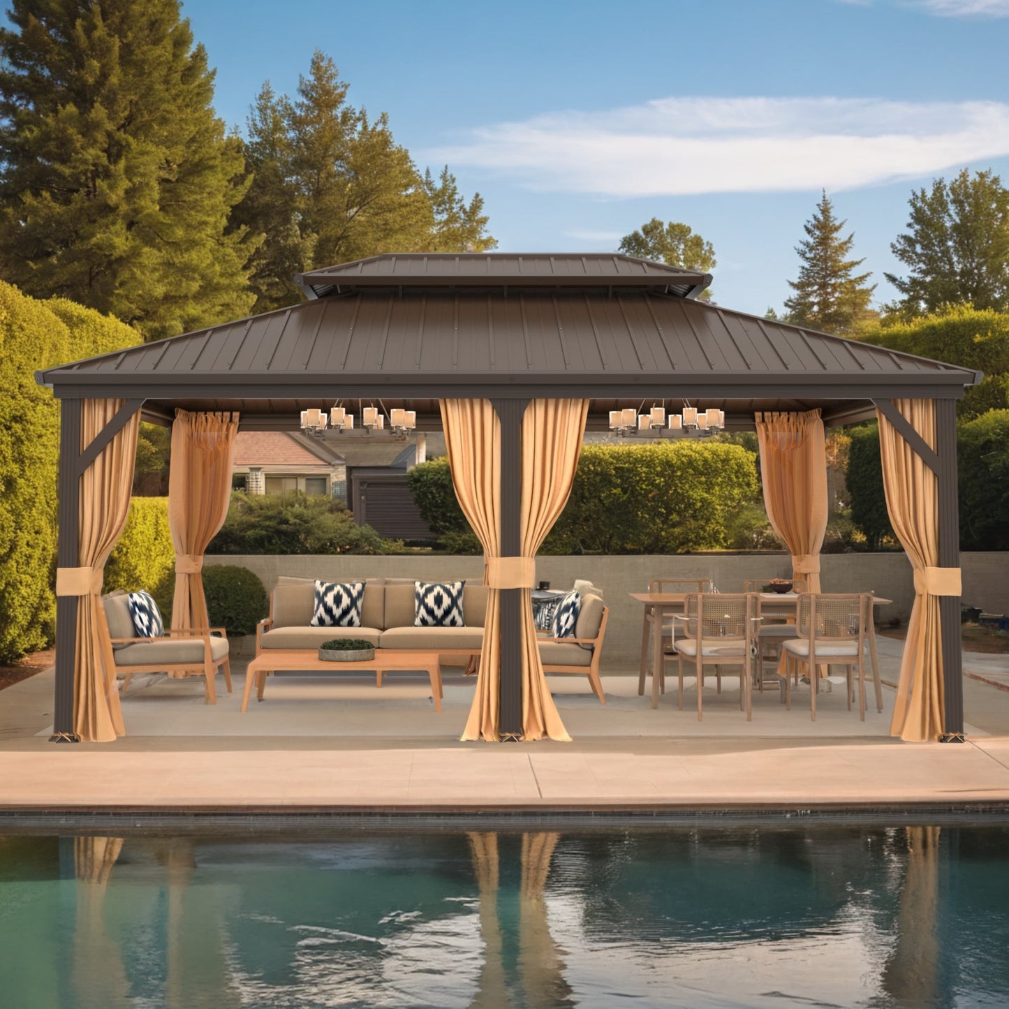 Gazebo extérieur à toit rigide avec double toit en acier galvanisé et cadre en aluminium, pergola extérieure avec rideaux et moustiquaires haut de gamme.