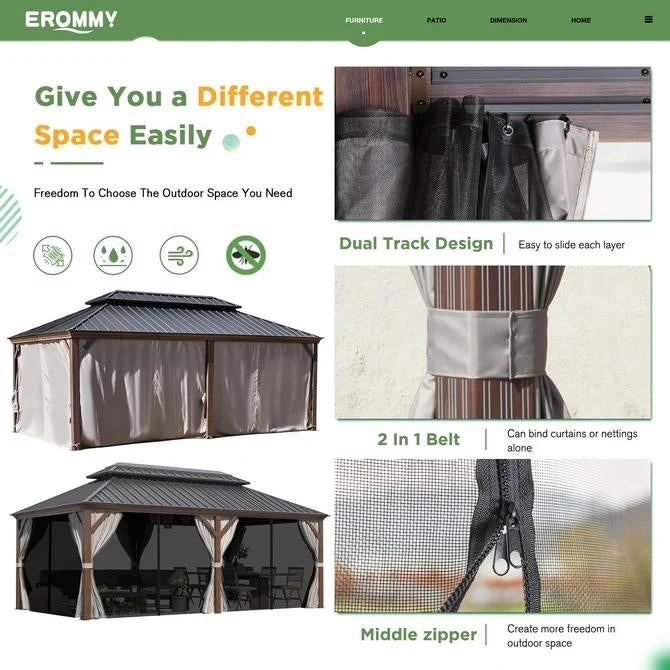 Gazebo extérieur à toit rigide avec double toit en acier galvanisé et cadre en aluminium, pergola extérieure avec rideaux et moustiquaires haut de gamme.