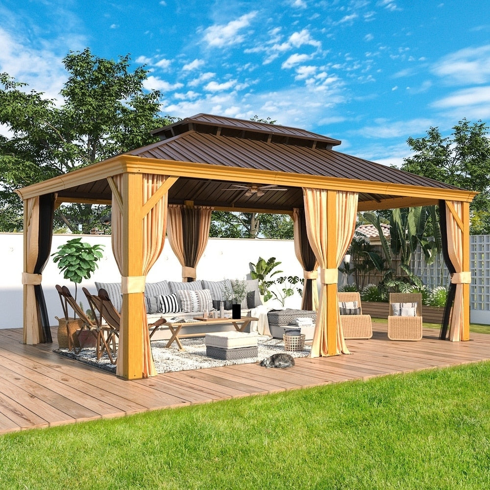 Gazebo extérieur à toit rigide avec double toit en acier galvanisé et cadre en aluminium, pergola extérieure avec rideaux et moustiquaires haut de gamme.