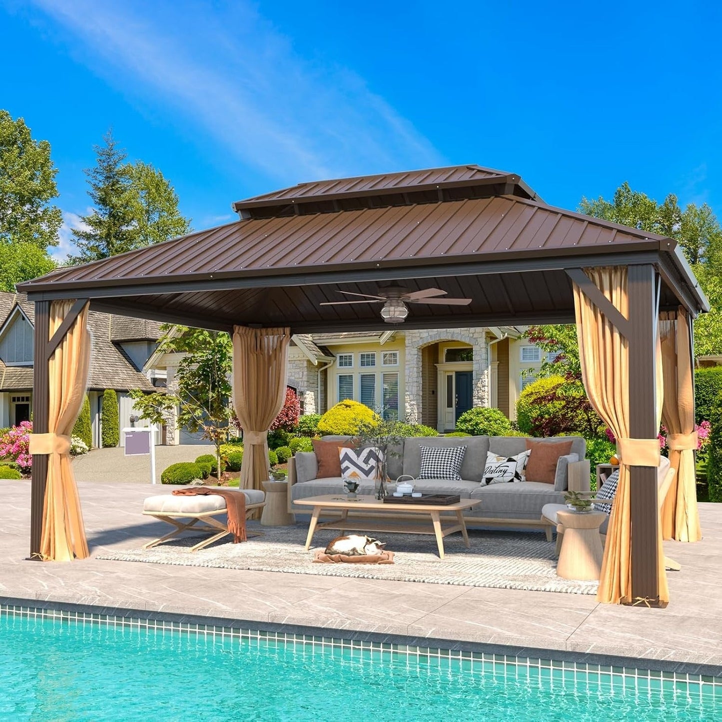 Gazebo extérieur à toit rigide avec double toit en acier galvanisé et cadre en aluminium, pergola extérieure avec rideaux et moustiquaires haut de gamme.