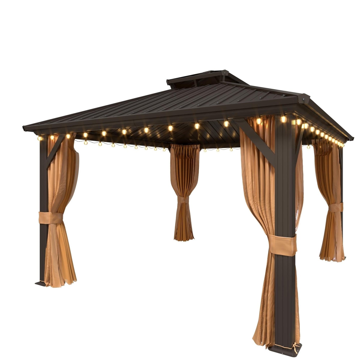 Gazebo extérieur à toit rigide avec double toit en acier galvanisé et cadre en aluminium, pergola extérieure avec rideaux et moustiquaires haut de gamme.