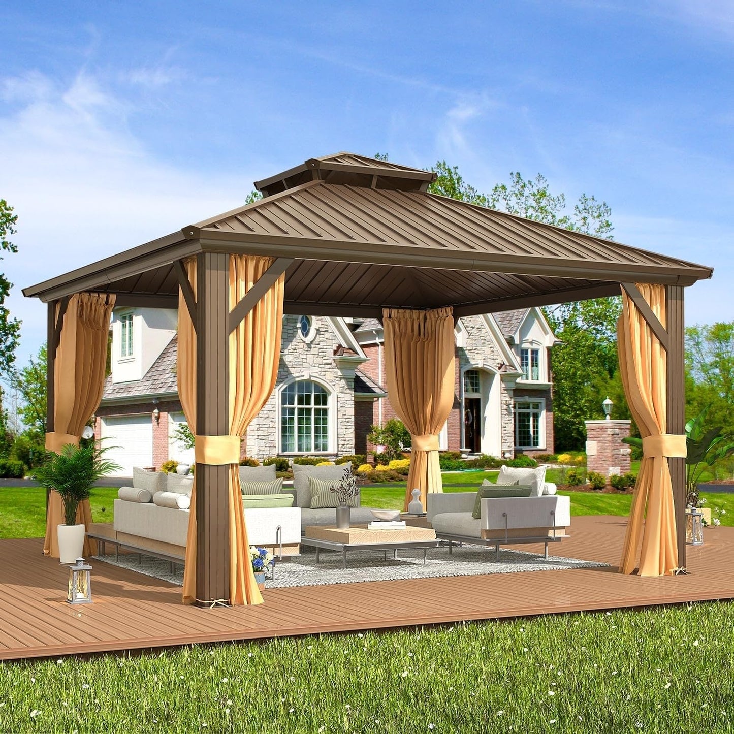 Gazebo extérieur à toit rigide avec double toit en acier galvanisé et cadre en aluminium, pergola extérieure avec rideaux et moustiquaires haut de gamme.