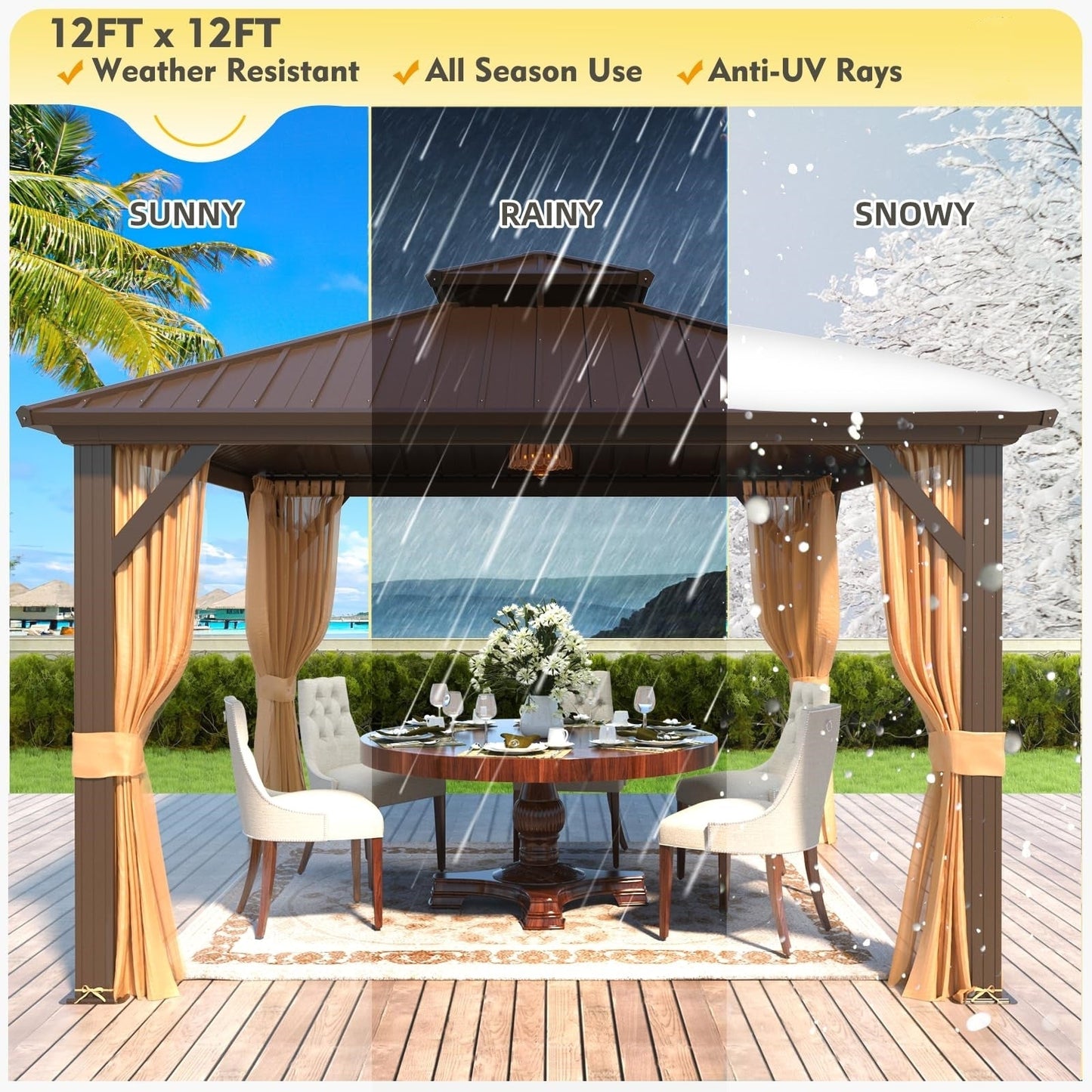 Gazebo extérieur à toit rigide avec double toit en acier galvanisé et cadre en aluminium, pergola extérieure avec rideaux et moustiquaires haut de gamme.