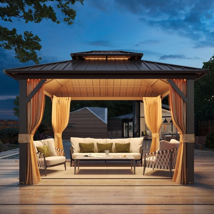 Gazebo extérieur à toit rigide avec double toit en acier galvanisé et cadre en aluminium, pergola extérieure avec rideaux et moustiquaires haut de gamme.