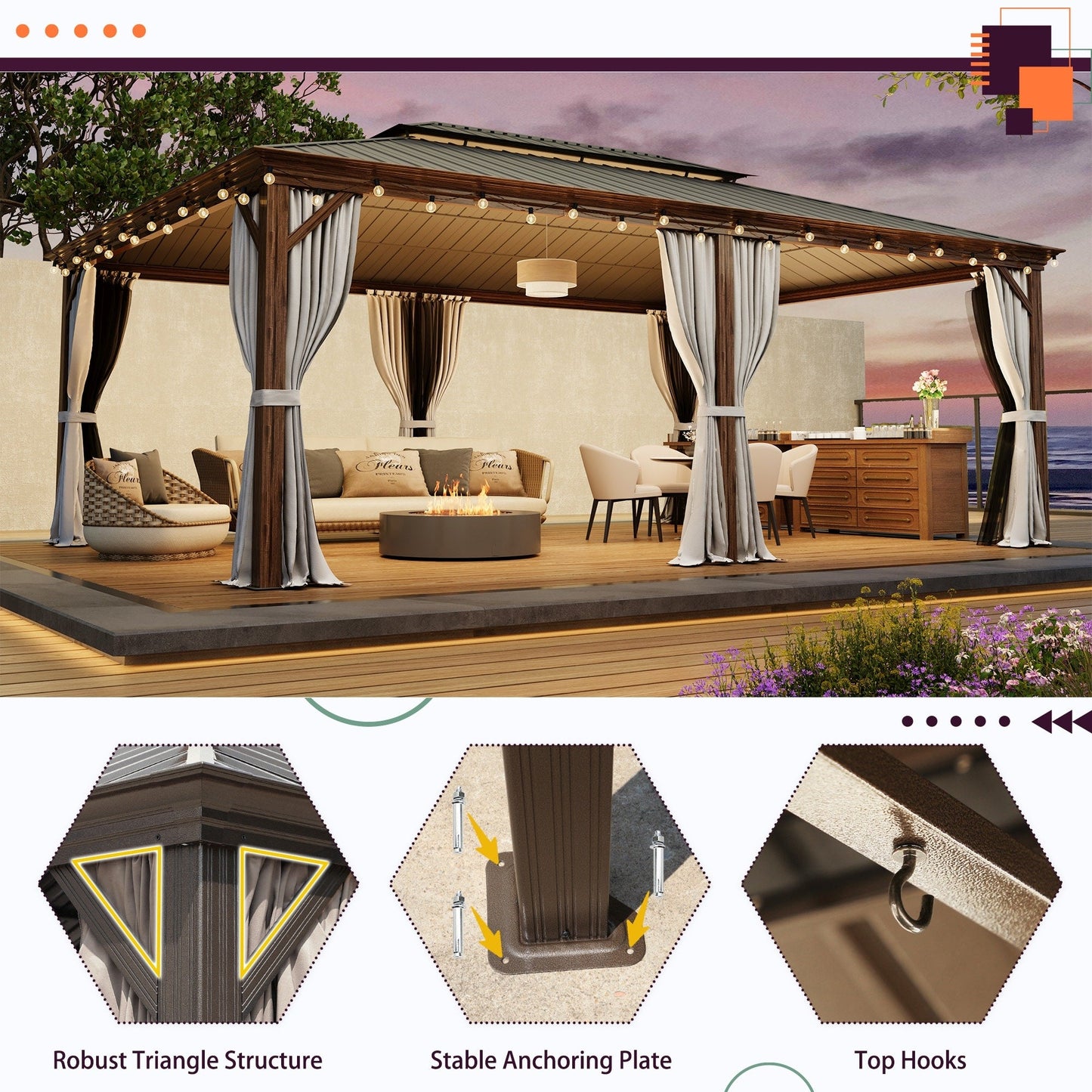 Gazebo extérieur à toit rigide avec double toit en acier galvanisé et cadre en aluminium, pergola extérieure avec rideaux et moustiquaires haut de gamme.