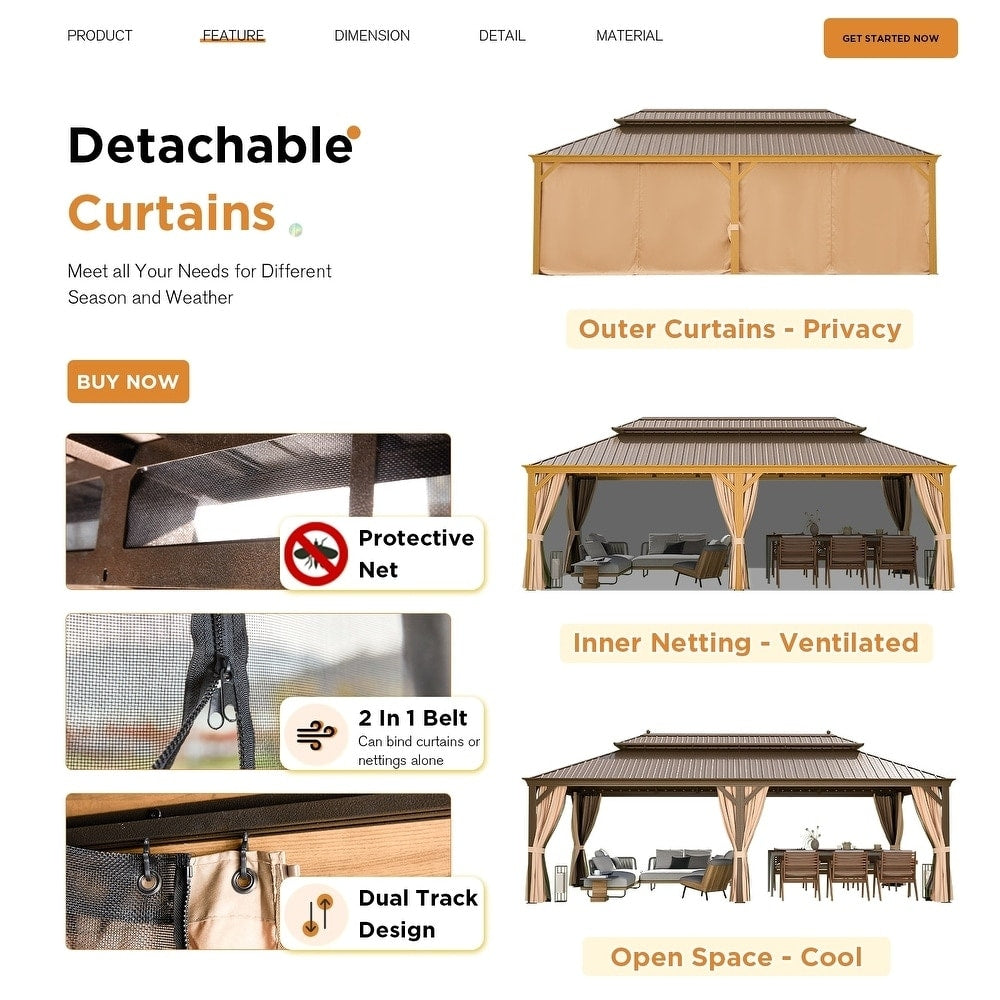 Gazebo extérieur à toit rigide avec double toit en acier galvanisé et cadre en aluminium, pergola extérieure avec rideaux et moustiquaires haut de gamme.
