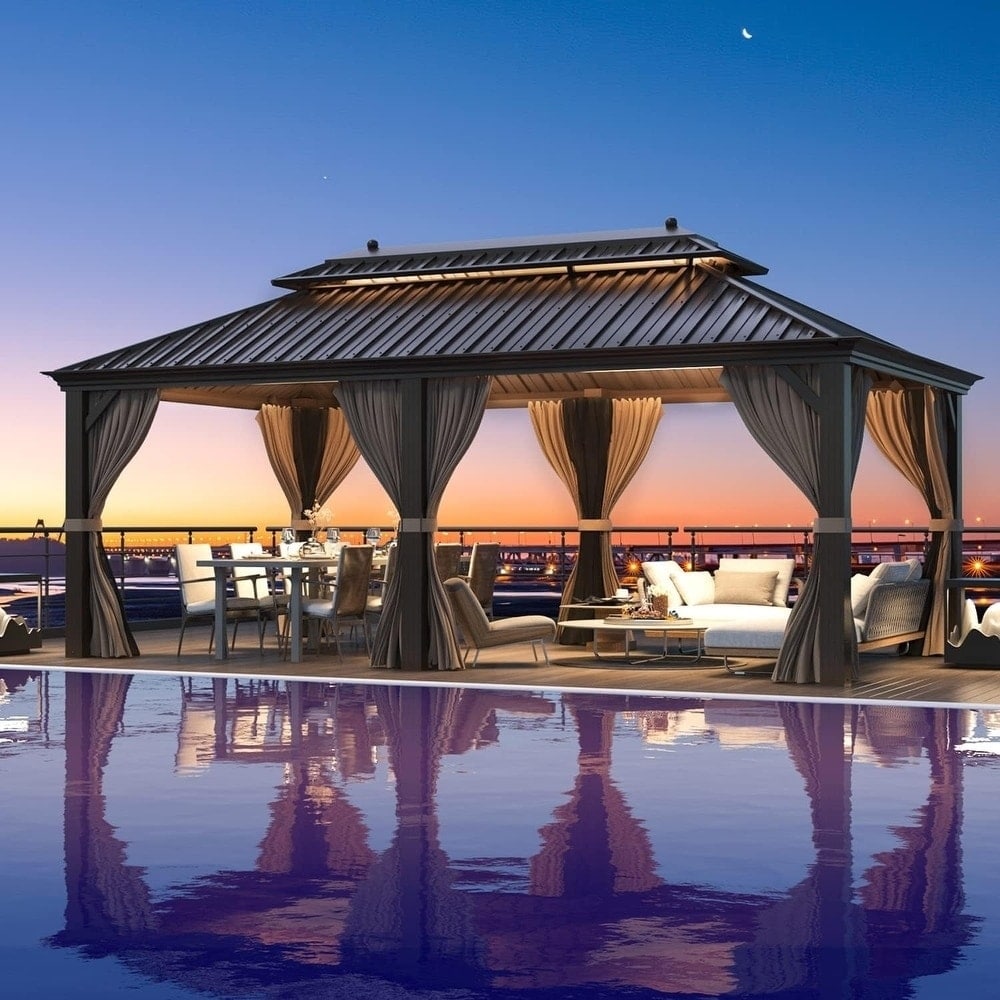 Gazebo extérieur à toit rigide avec double toit en acier galvanisé et cadre en aluminium, pergola extérieure avec rideaux et moustiquaires haut de gamme.