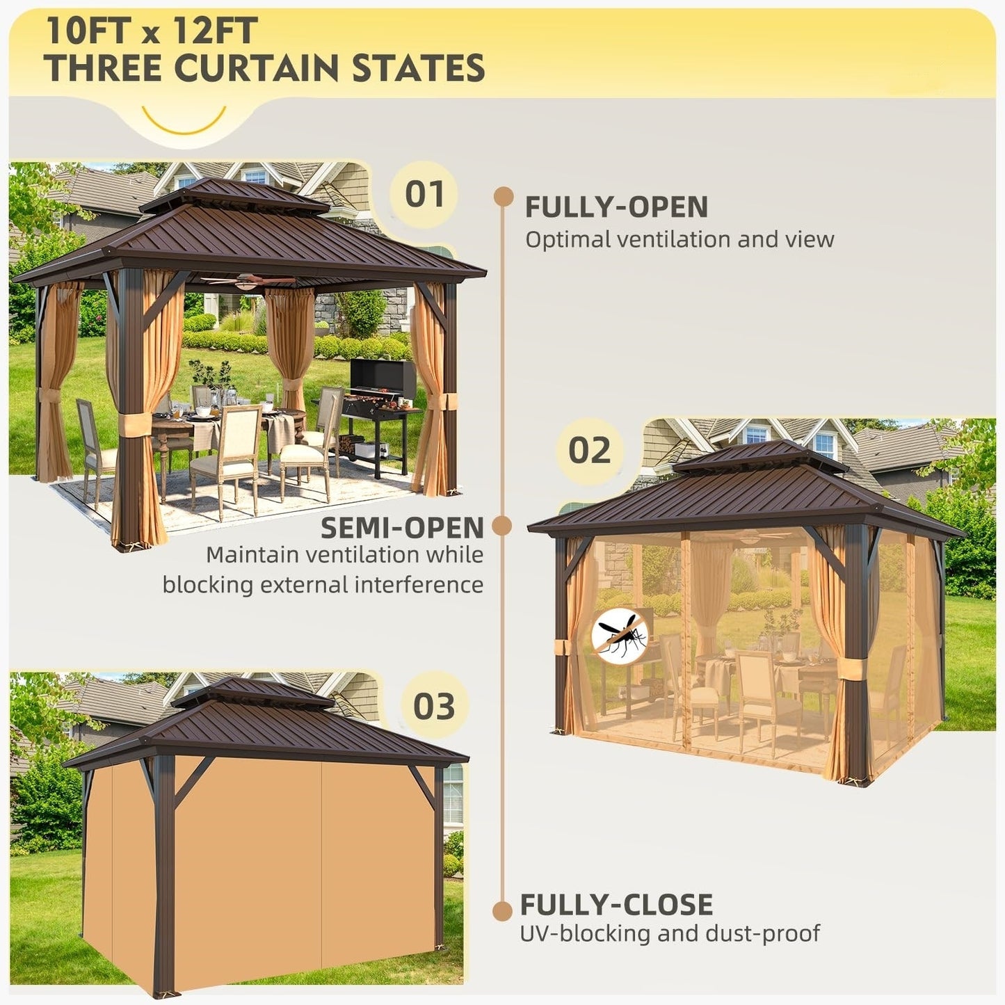 Gazebo extérieur à toit rigide avec double toit en acier galvanisé et cadre en aluminium, pergola extérieure avec rideaux et moustiquaires haut de gamme.