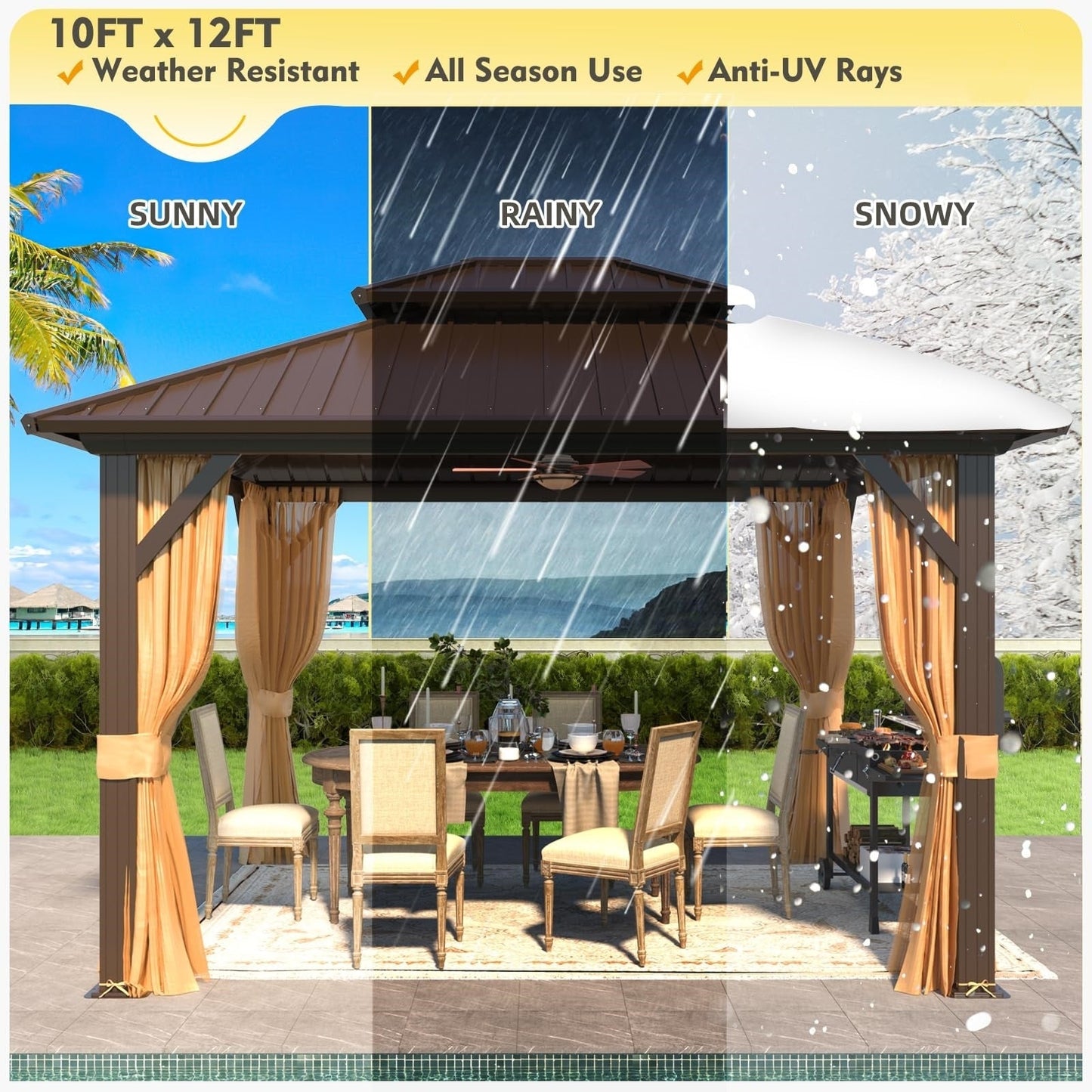 Gazebo extérieur à toit rigide avec double toit en acier galvanisé et cadre en aluminium, pergola extérieure avec rideaux et moustiquaires haut de gamme.