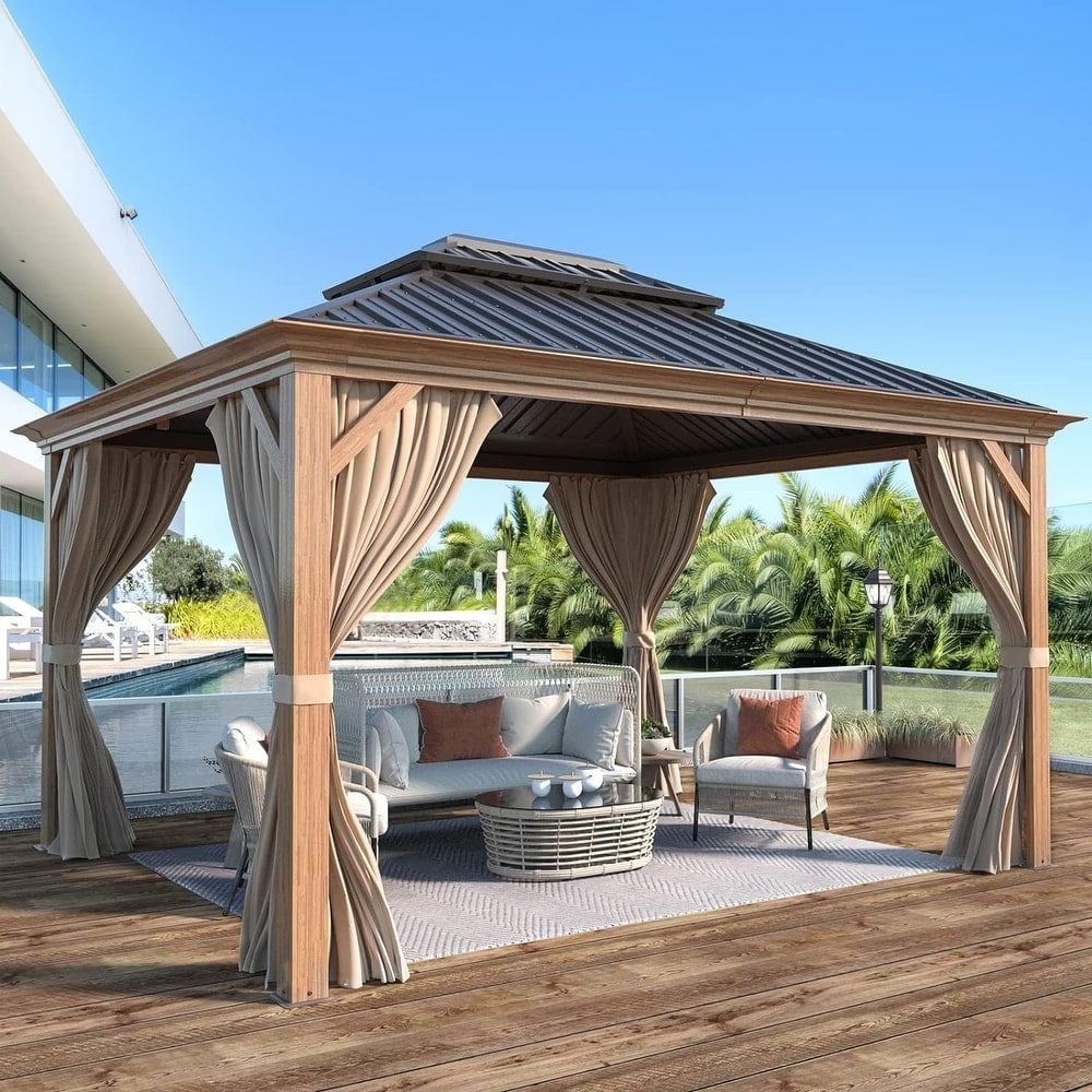 Gazebo extérieur à toit rigide avec double toit en acier galvanisé et cadre en aluminium, pergola extérieure avec rideaux et moustiquaires haut de gamme.