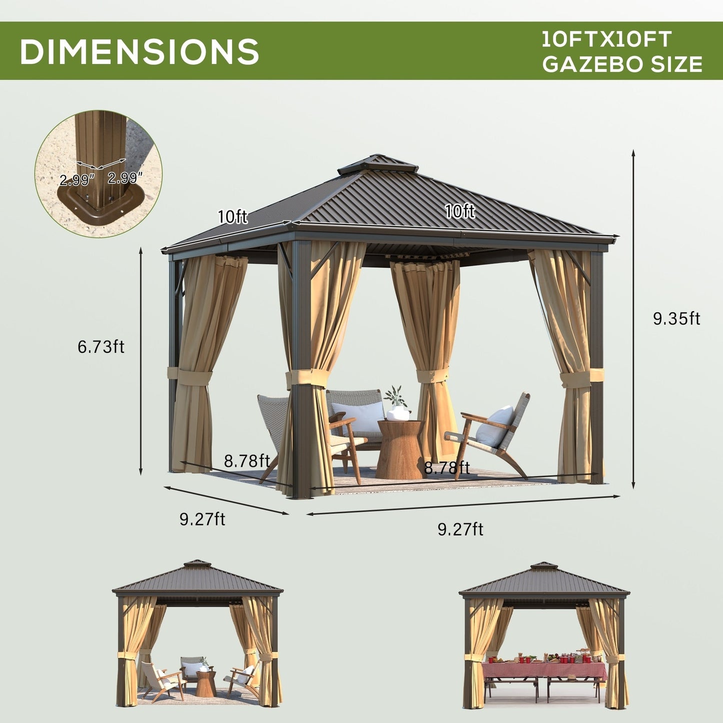 Gazebo extérieur à toit rigide avec double toit en acier galvanisé et cadre en aluminium, pergola extérieure avec rideaux et moustiquaires haut de gamme.