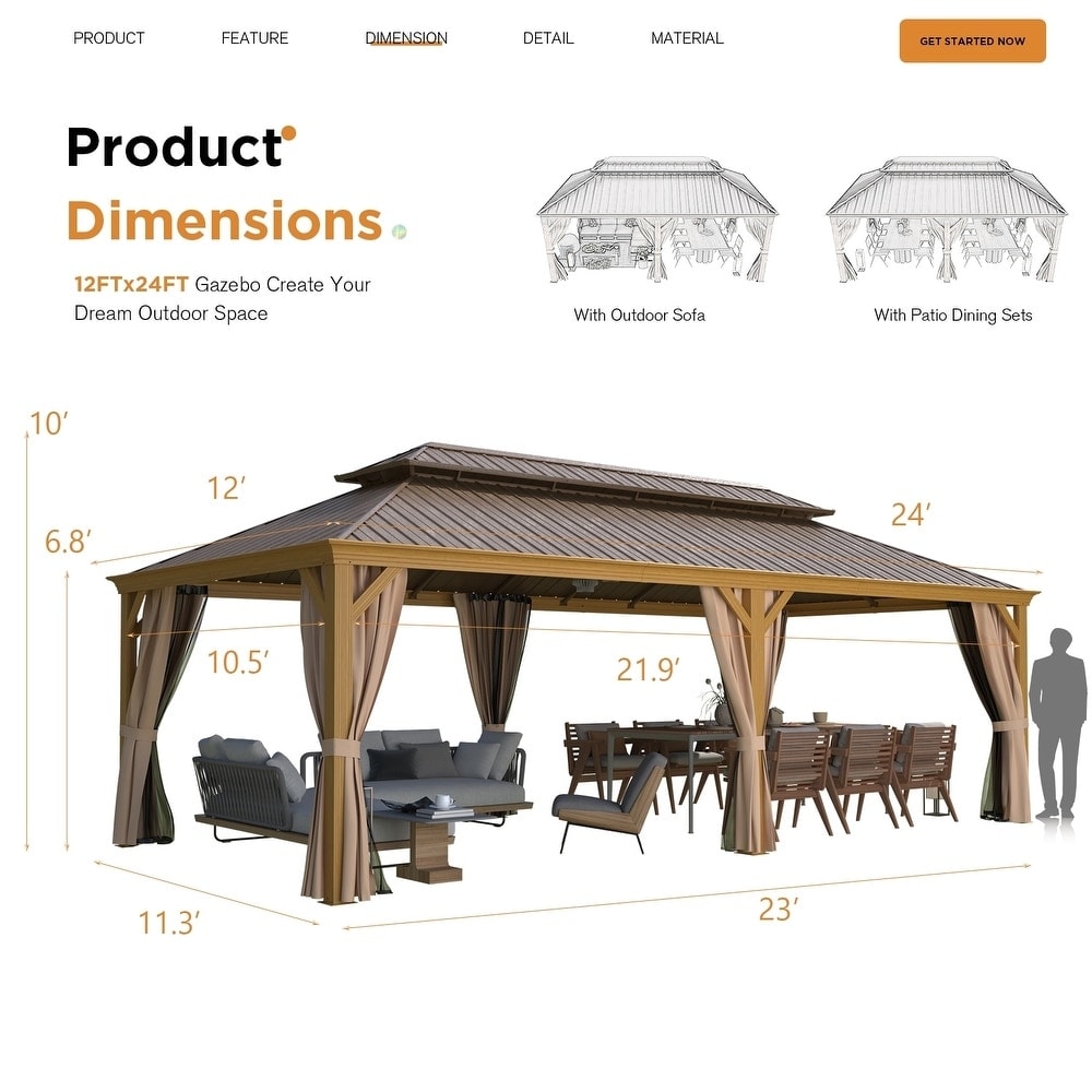 Gazebo extérieur à toit rigide avec double toit en acier galvanisé et cadre en aluminium, pergola extérieure avec rideaux et moustiquaires haut de gamme.