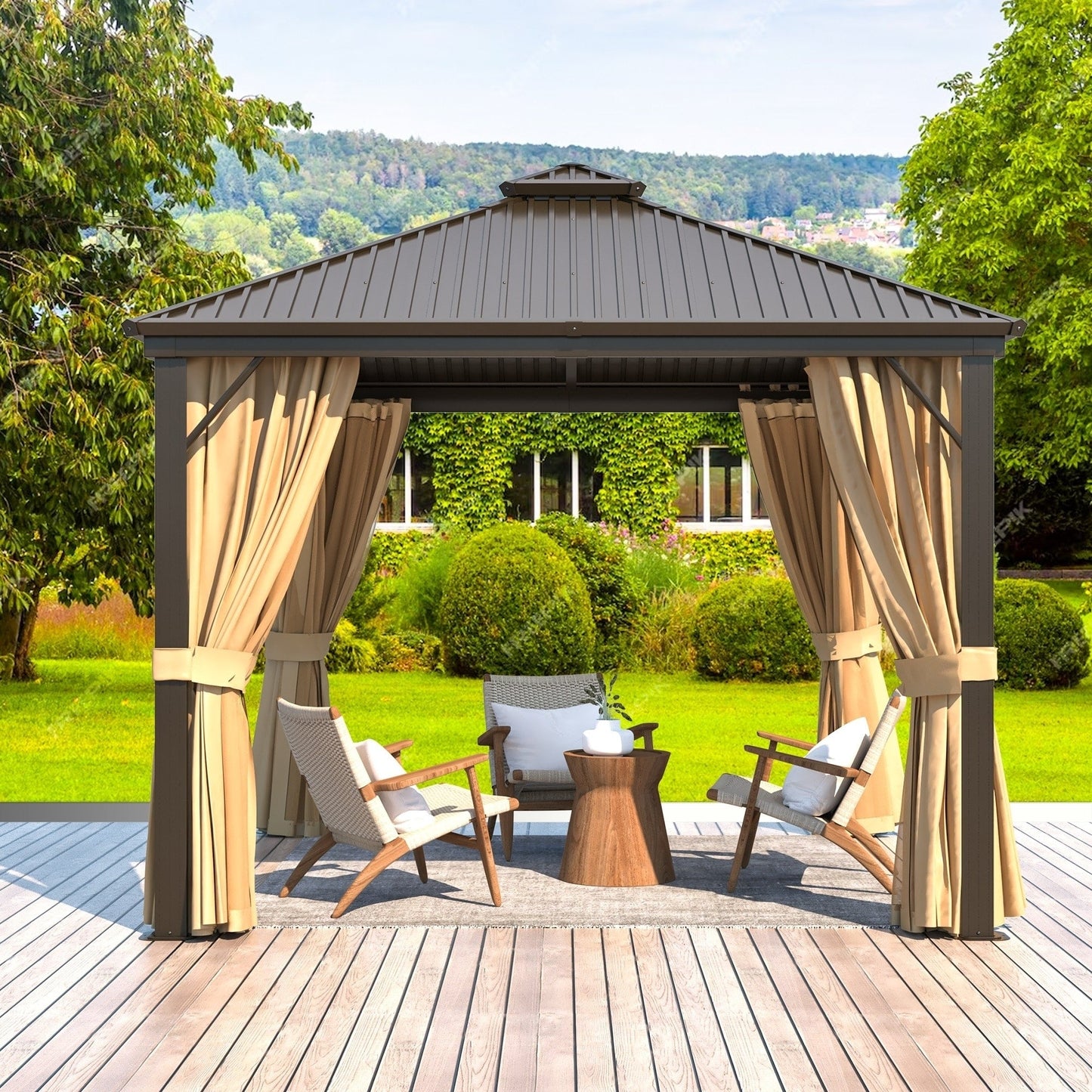 Gazebo extérieur à toit rigide avec double toit en acier galvanisé et cadre en aluminium, pergola extérieure avec rideaux et moustiquaires haut de gamme.