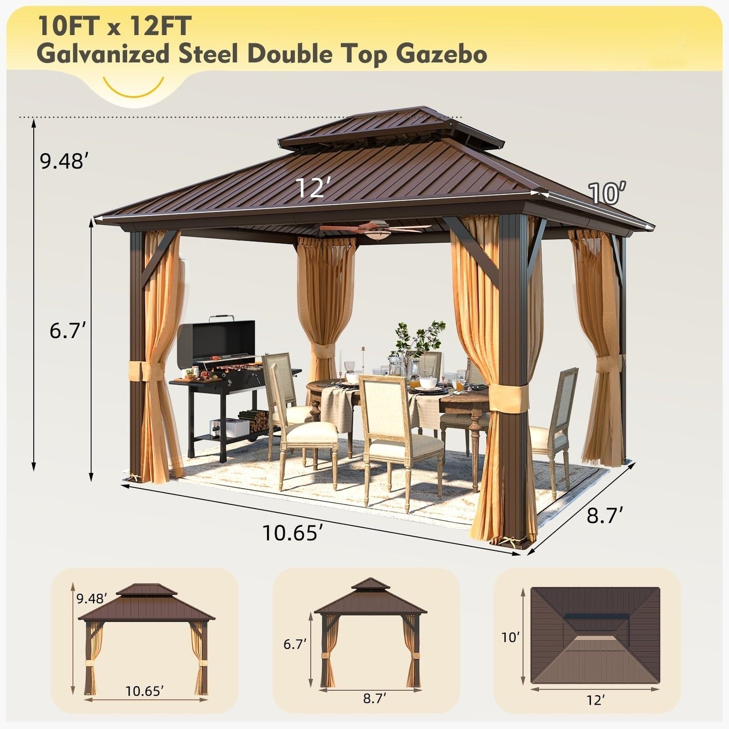 Gazebo extérieur à toit rigide avec double toit en acier galvanisé et cadre en aluminium, pergola extérieure avec rideaux et moustiquaires haut de gamme.