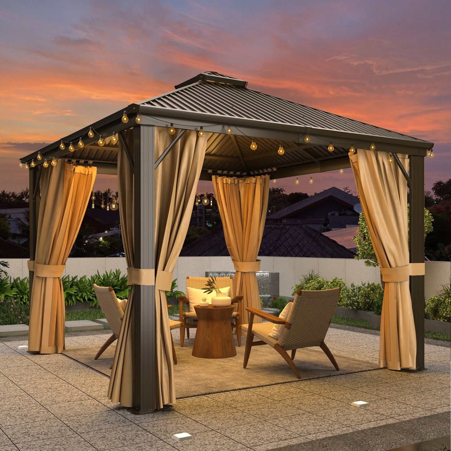 Gazebo extérieur à toit rigide avec double toit en acier galvanisé et cadre en aluminium, pergola extérieure avec rideaux et moustiquaires haut de gamme.