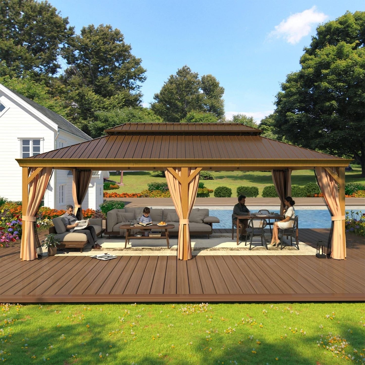 Gazebo extérieur à toit rigide avec double toit en acier galvanisé et cadre en aluminium, pergola extérieure avec rideaux et moustiquaires haut de gamme.