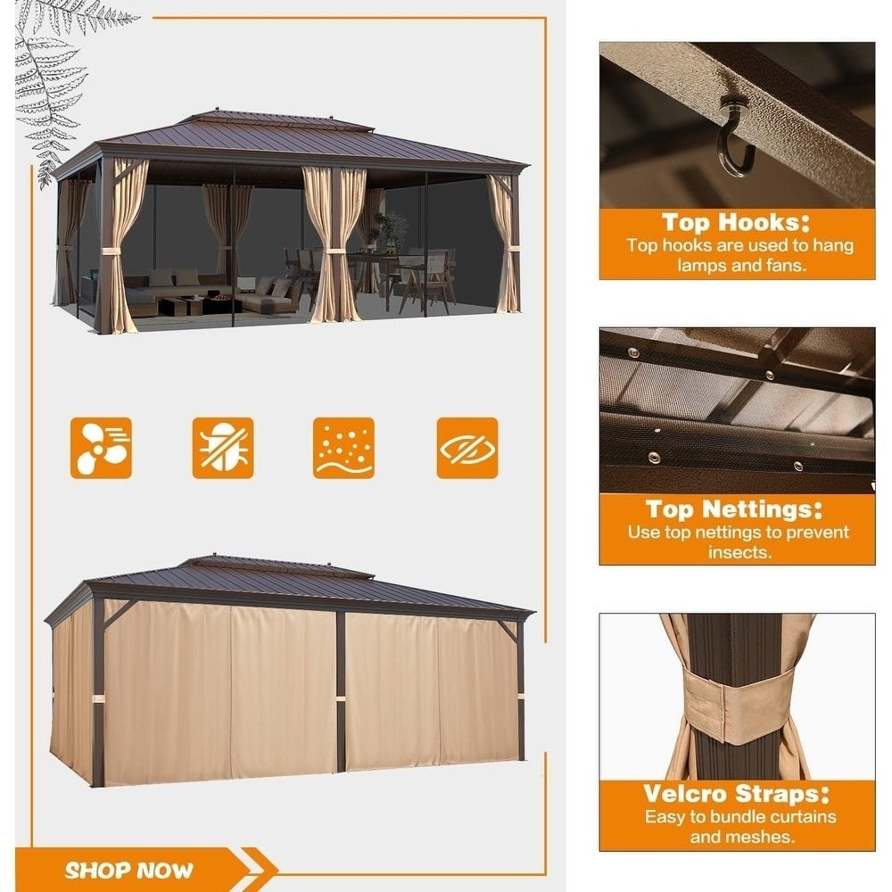 Gazebo extérieur à toit rigide avec double toit en acier galvanisé et cadre en aluminium, pergola extérieure avec rideaux et moustiquaires haut de gamme.