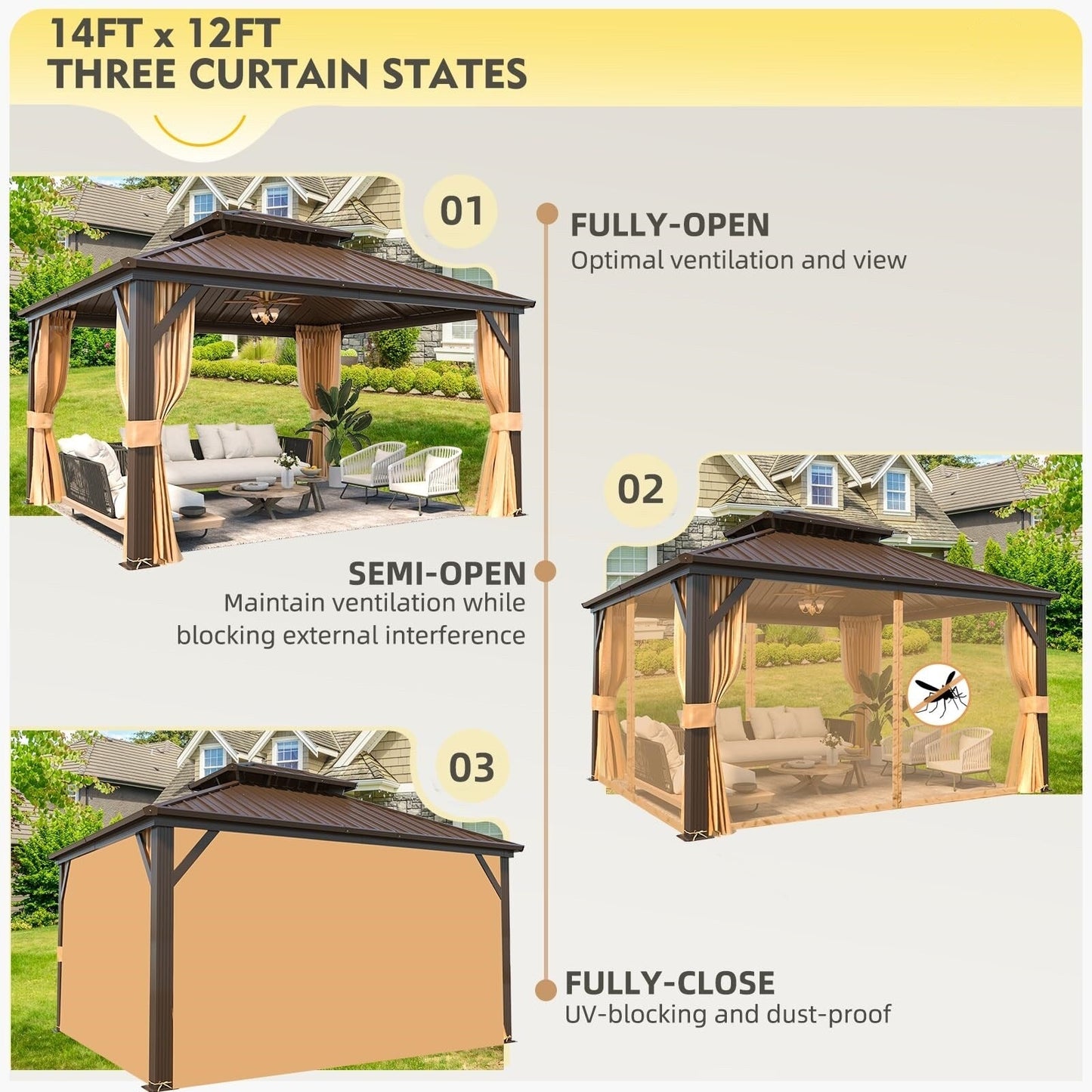 Gazebo extérieur à toit rigide avec double toit en acier galvanisé et cadre en aluminium, pergola extérieure avec rideaux et moustiquaires haut de gamme.