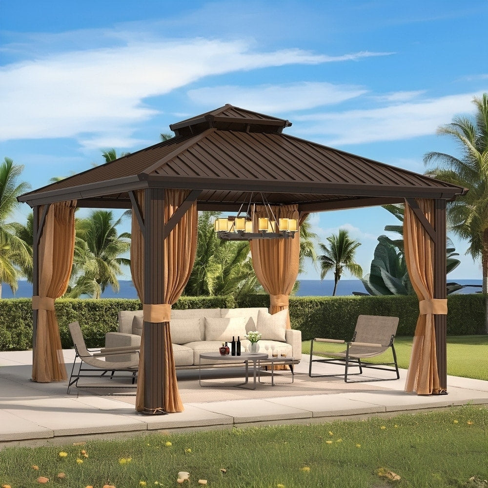 Gazebo extérieur à toit rigide avec double toit en acier galvanisé et cadre en aluminium, pergola extérieure avec rideaux et moustiquaires haut de gamme.