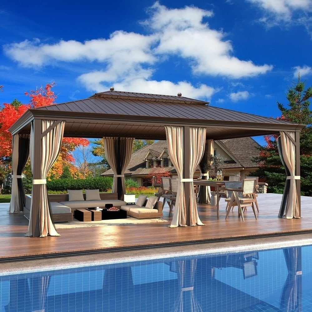 Gazebo extérieur à toit rigide avec double toit en acier galvanisé et cadre en aluminium, pergola extérieure avec rideaux et moustiquaires haut de gamme.