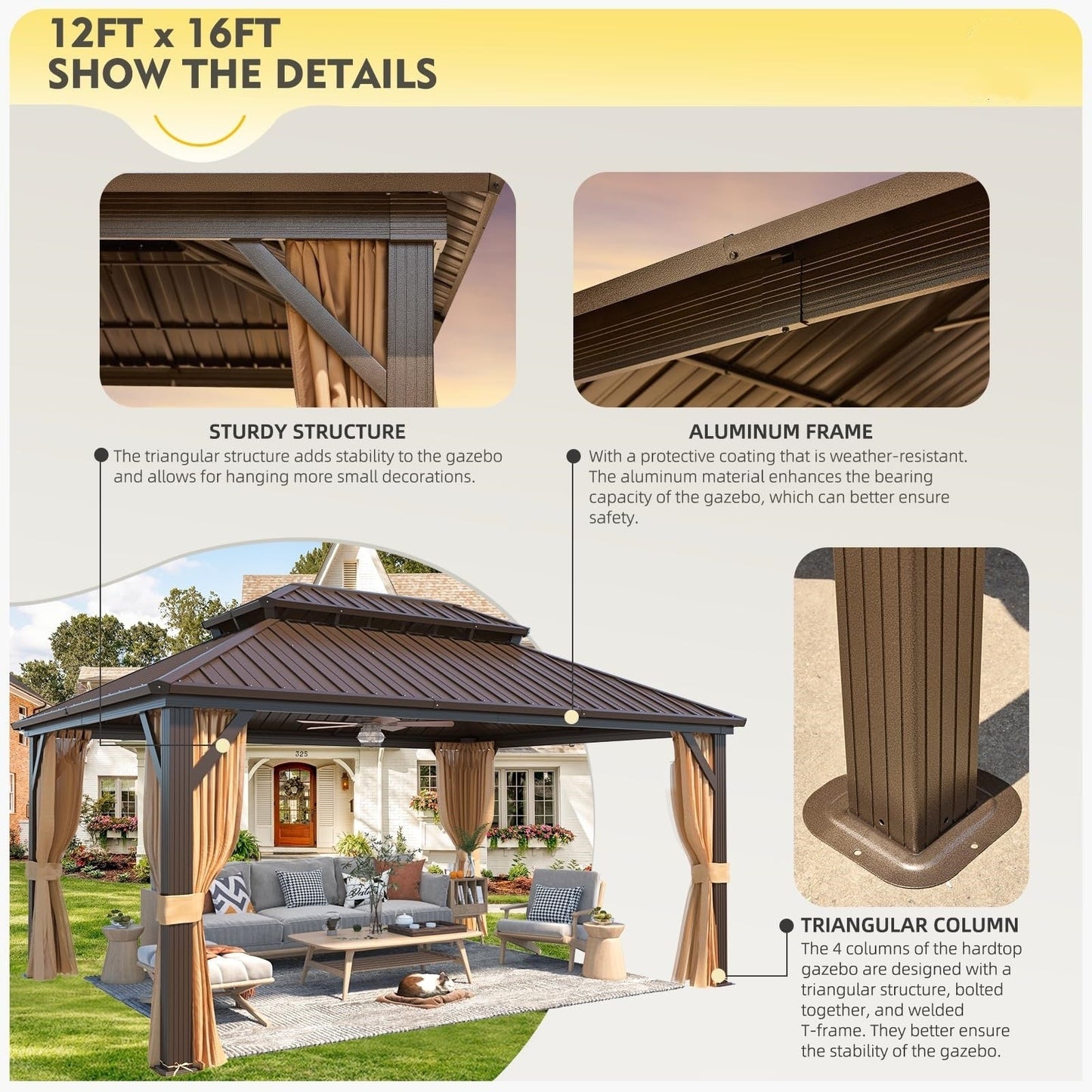 Gazebo extérieur à toit rigide avec double toit en acier galvanisé et cadre en aluminium, pergola extérieure avec rideaux et moustiquaires haut de gamme.