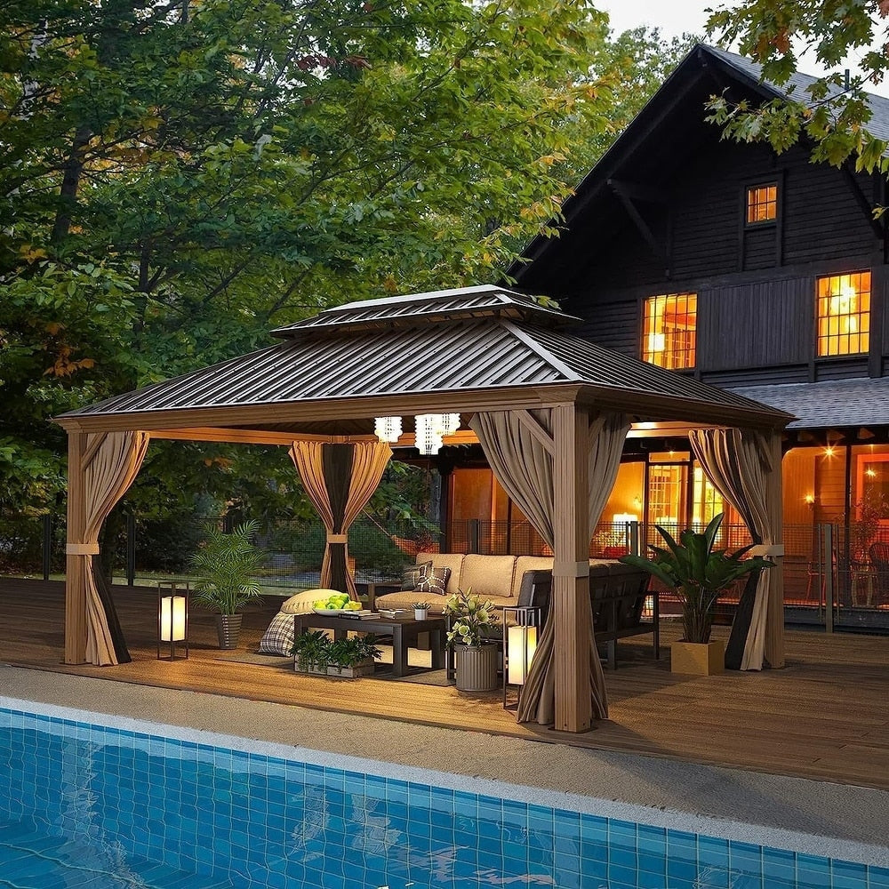 Gazebo extérieur à toit rigide avec double toit en acier galvanisé et cadre en aluminium, pergola extérieure avec rideaux et moustiquaires haut de gamme.