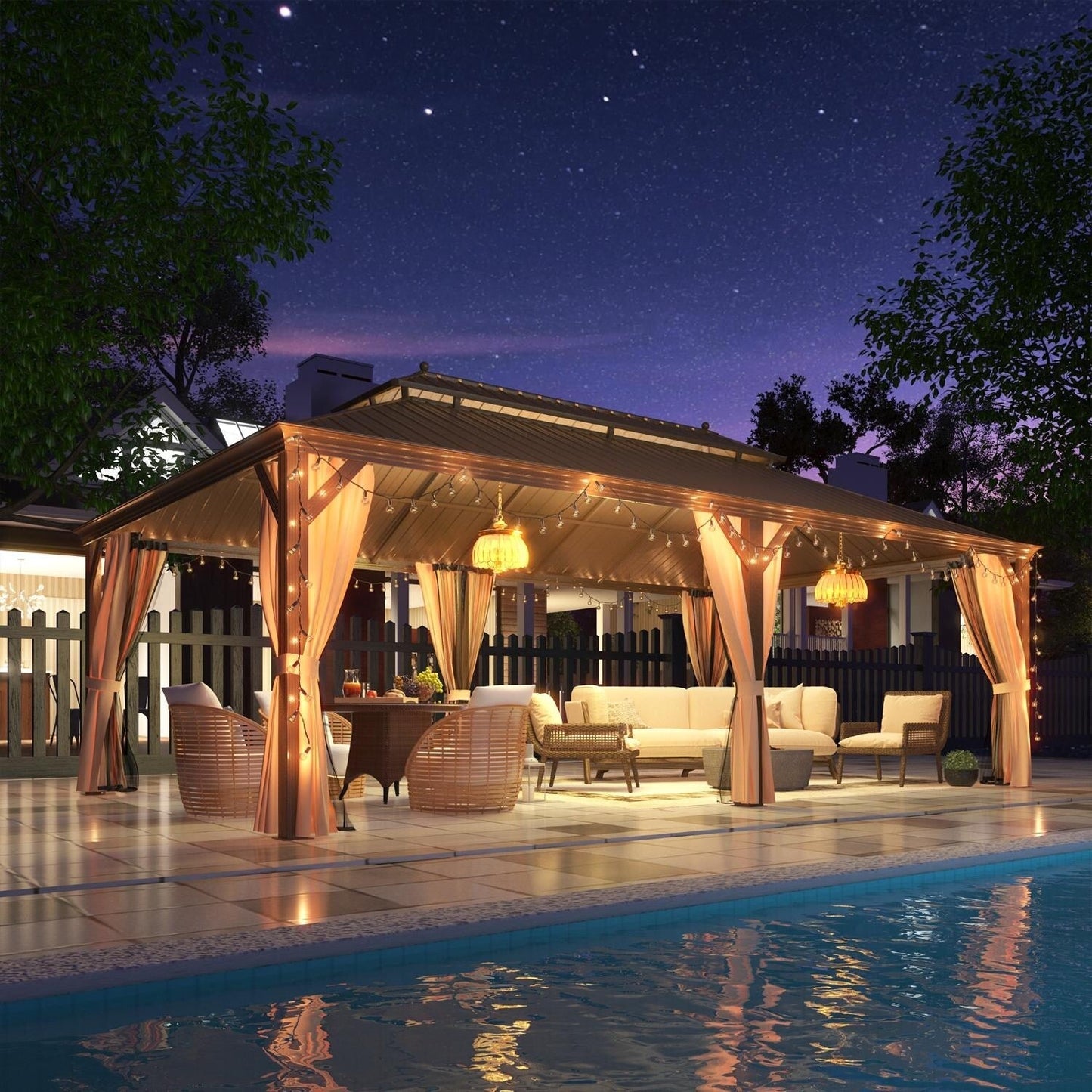 Gazebo extérieur à toit rigide avec double toit en acier galvanisé et cadre en aluminium, pergola extérieure avec rideaux et moustiquaires haut de gamme.