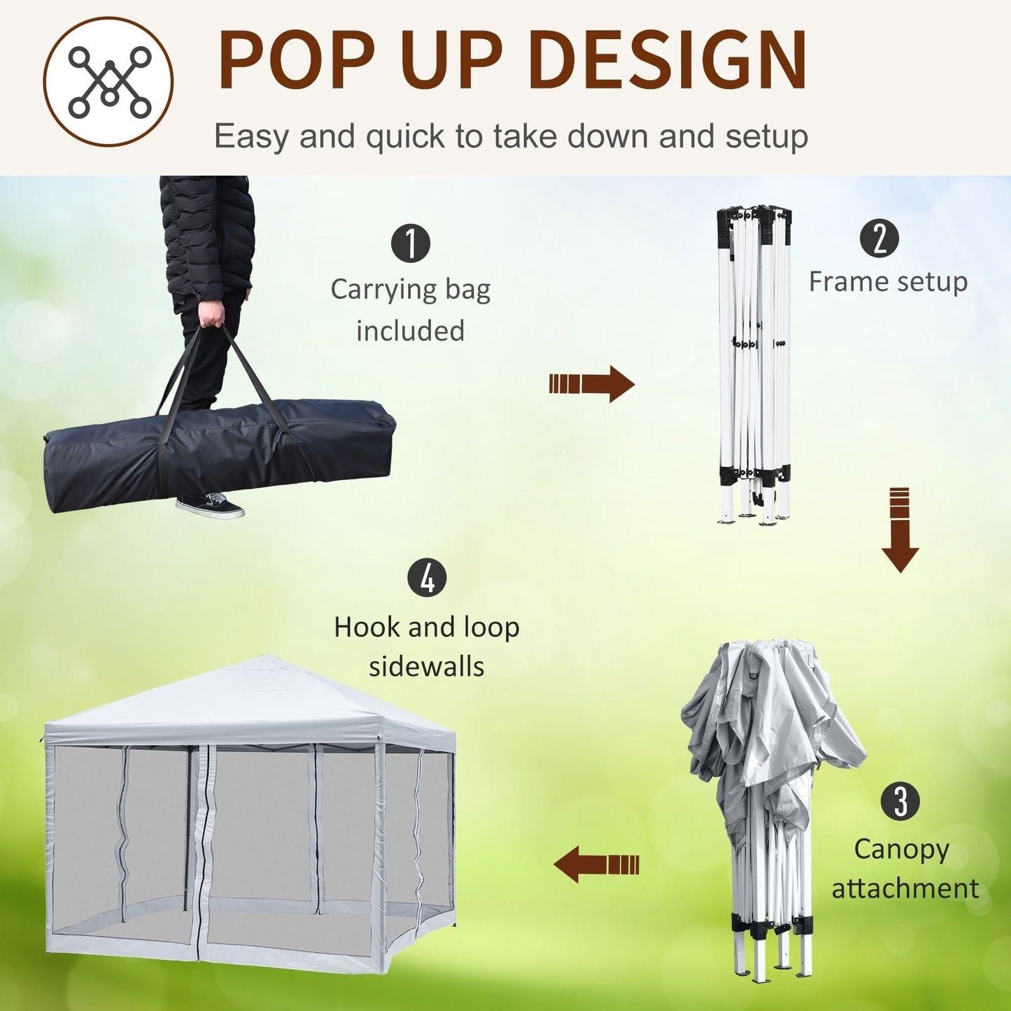 Outsunny Tente Pop-up de 3m x 3m avec parois latérales en filet amovibles, conception facile à installer, pour événements et fêtes en plein air