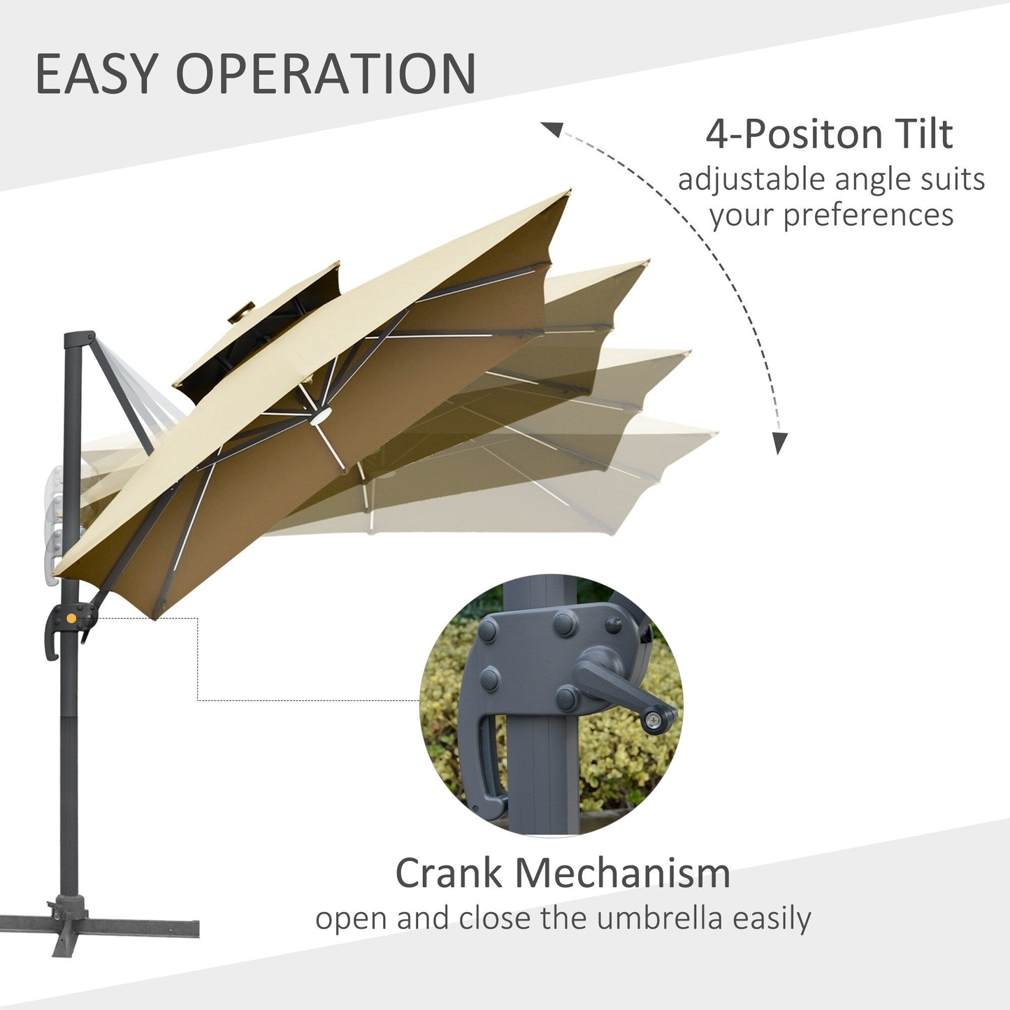 Parasol de jardin Outsunny 10ft à LED solaire, parasol suspendu déporté avec rotation à 360°, base en croix, 8 baleines, inclinable et à manivelle