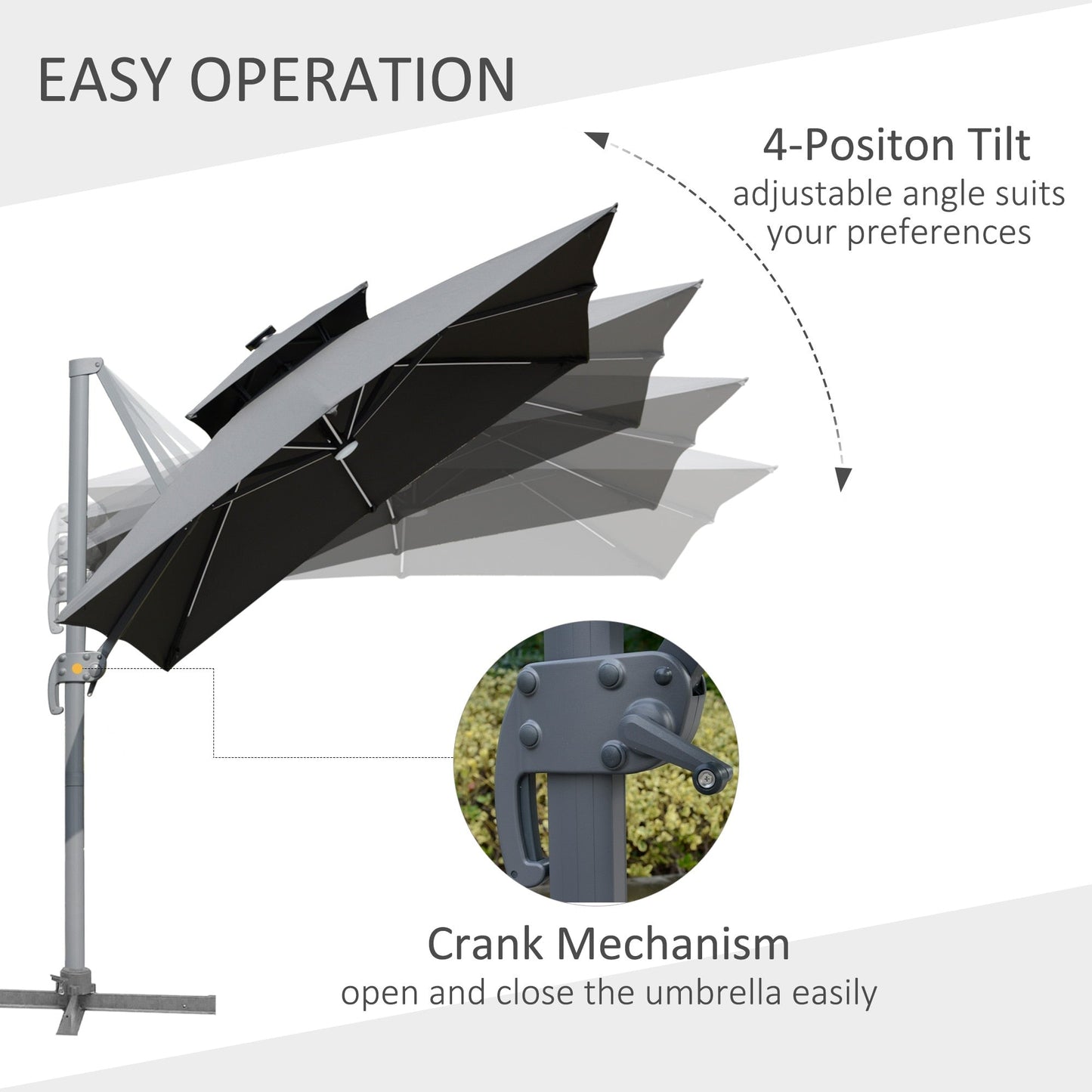 Parasol de jardin Outsunny 10ft à LED solaire, parasol suspendu déporté avec rotation à 360°, base en croix, 8 baleines, inclinable et à manivelle