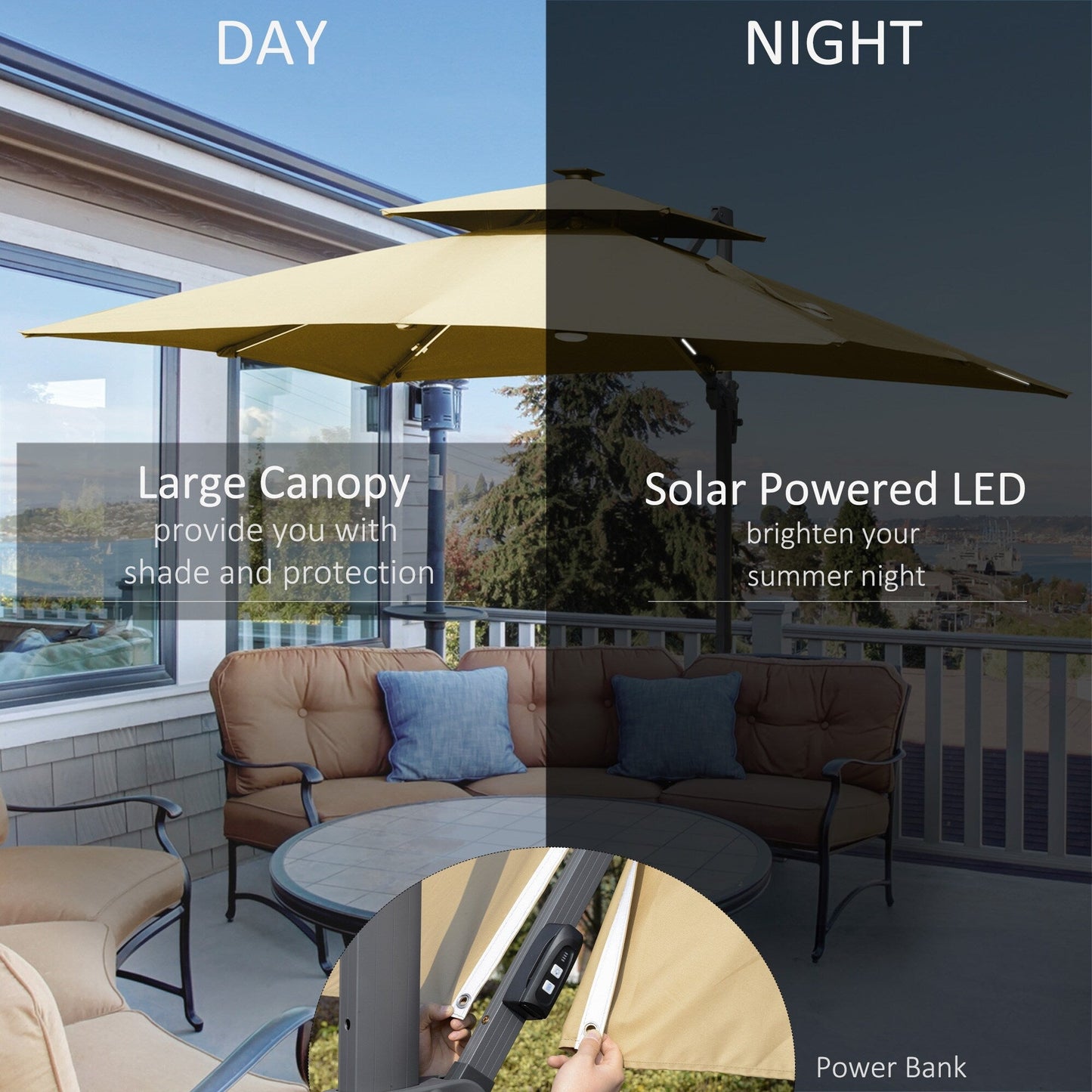 Parasol de jardin Outsunny 10ft à LED solaire, parasol suspendu déporté avec rotation à 360°, base en croix, 8 baleines, inclinable et à manivelle