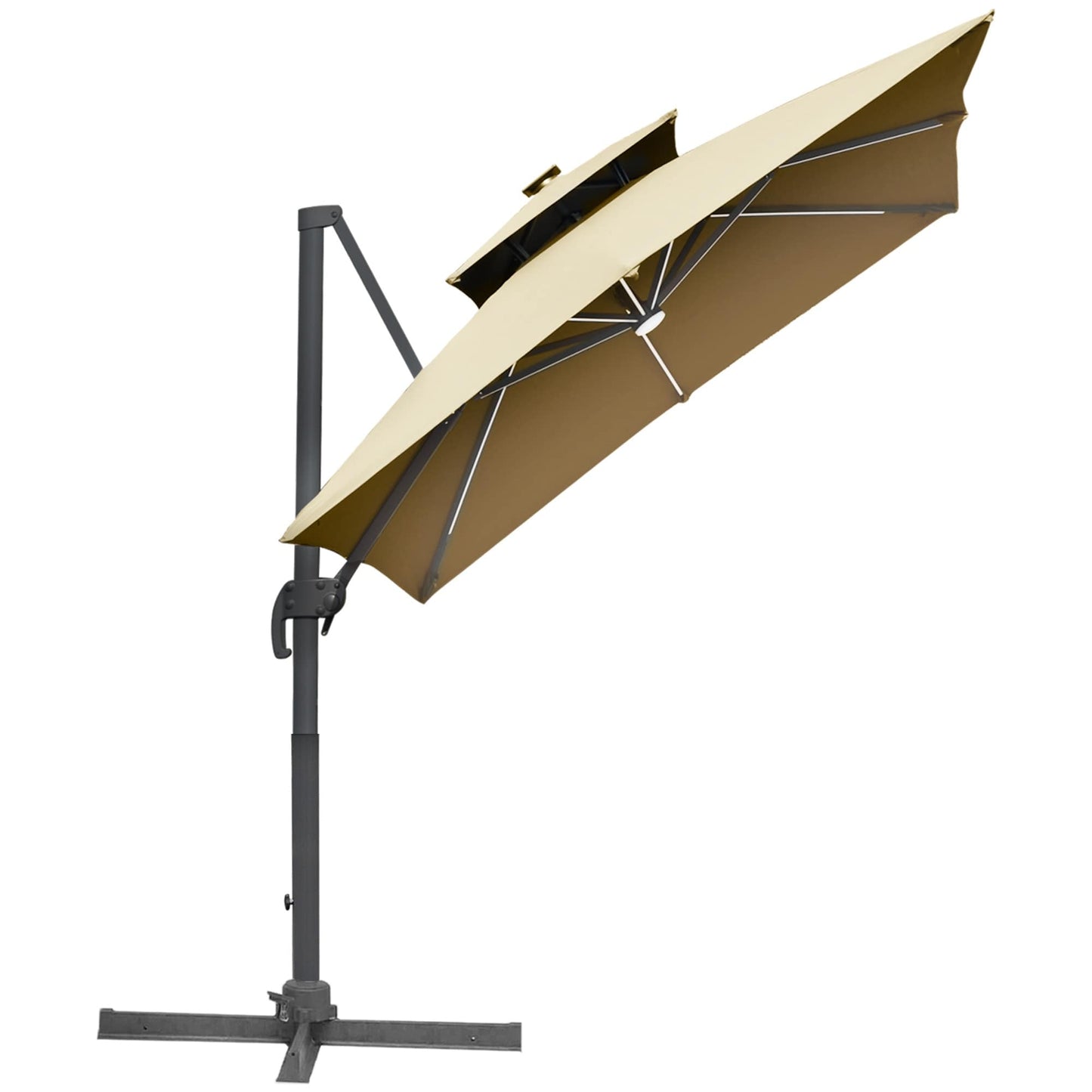 Parasol de jardin Outsunny 10ft à LED solaire, parasol suspendu déporté avec rotation à 360°, base en croix, 8 baleines, inclinable et à manivelle