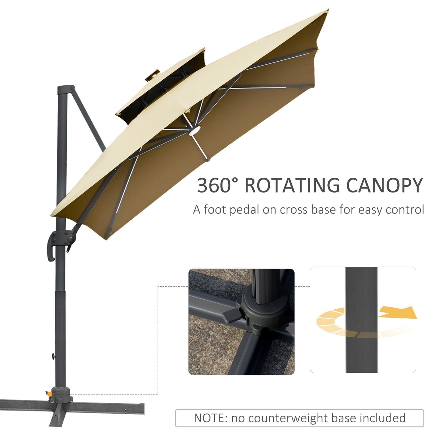 Parasol de jardin Outsunny 10ft à LED solaire, parasol suspendu déporté avec rotation à 360°, base en croix, 8 baleines, inclinable et à manivelle