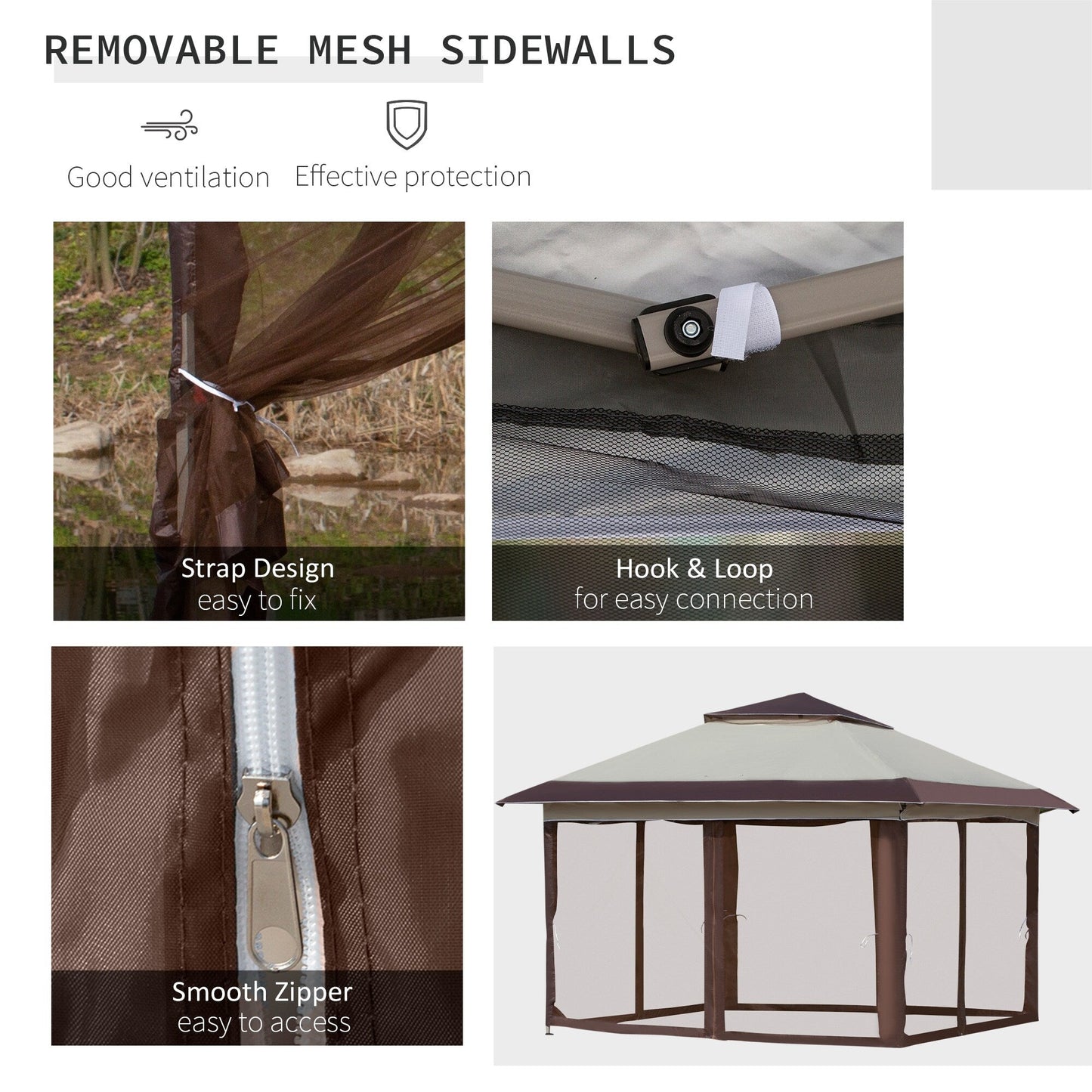 Outsunny Tente Pop-up Instant Canopy 3,6 m x 3,6 m, avec Pare-soleil, pliable, avec moustiquaire latérale en maille, hauteur réglable sur 3 niveaux