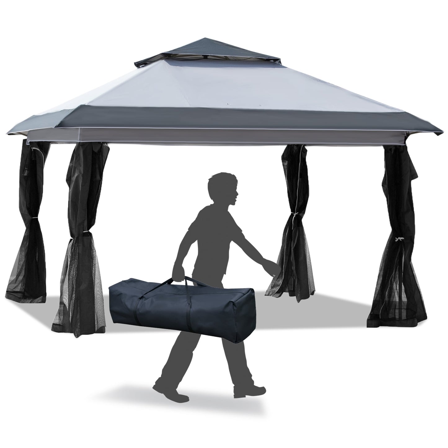 Outsunny Tente Pop-up Instant Canopy 3,6 m x 3,6 m, avec Pare-soleil, pliable, avec moustiquaire latérale en maille, hauteur réglable sur 3 niveaux
