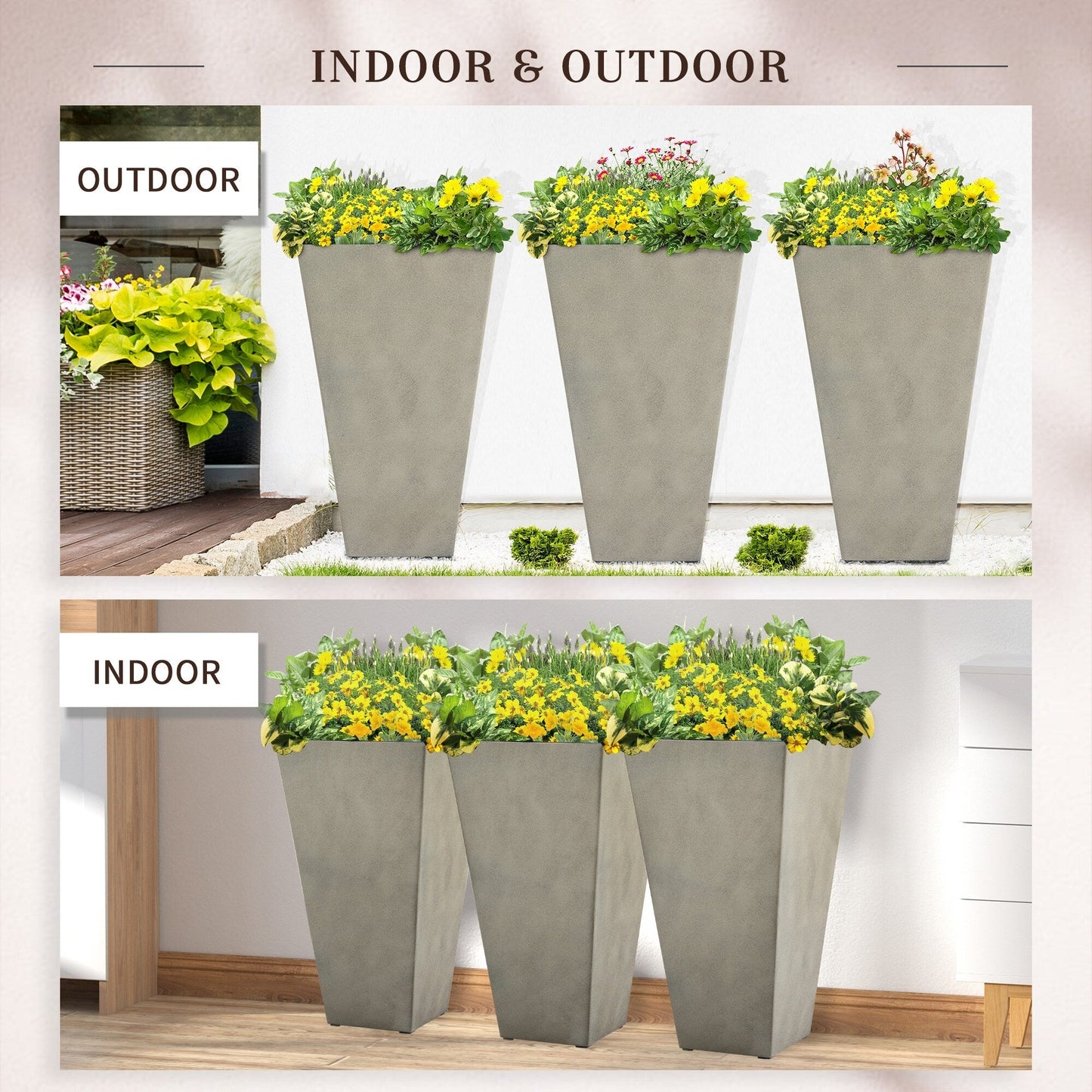 Outsunny Lot de 3 grands pots à fleurs en plastique, 71 cm de hauteur, pour l'intérieur et l'extérieur, pour entrée, patio, jardin