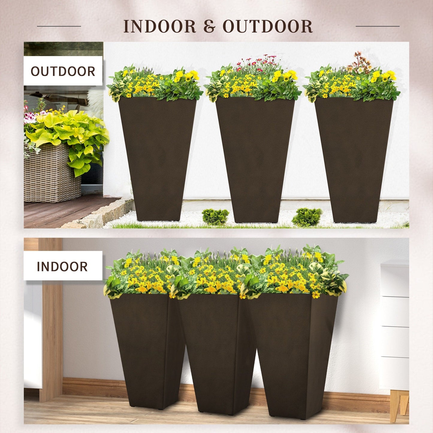 Outsunny Lot de 3 grands pots à fleurs en plastique, 71 cm de hauteur, pour l'intérieur et l'extérieur, pour entrée, patio, jardin