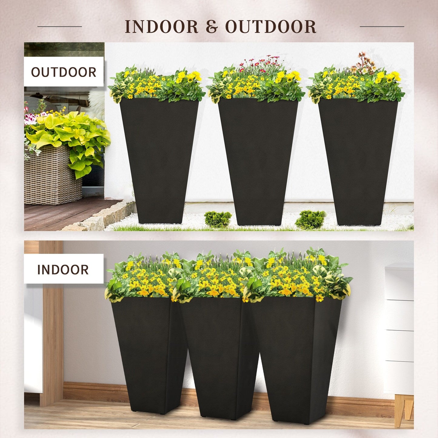 Outsunny Lot de 3 grands pots à fleurs en plastique, 71 cm de hauteur, pour l'intérieur et l'extérieur, pour entrée, patio, jardin