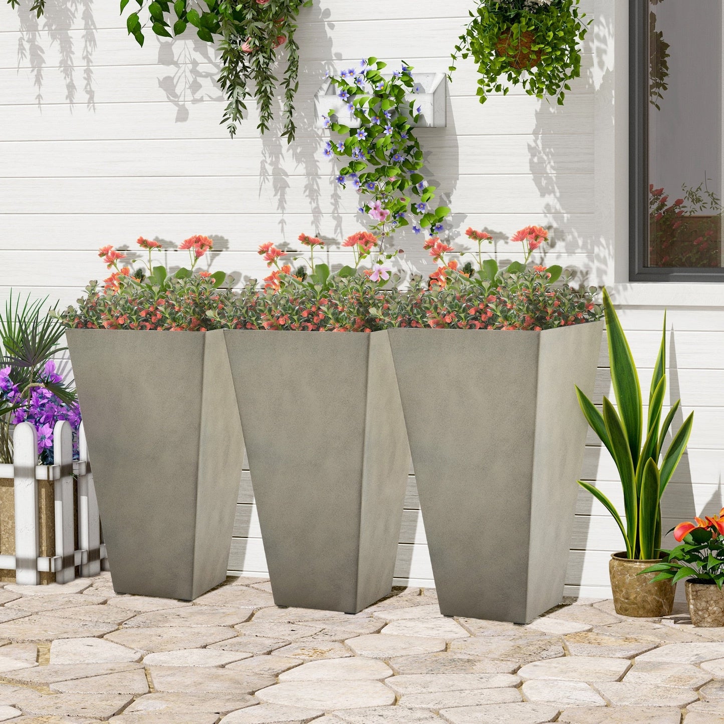 Outsunny Lot de 3 grands pots à fleurs en plastique, 71 cm de hauteur, pour l'intérieur et l'extérieur, pour entrée, patio, jardin
