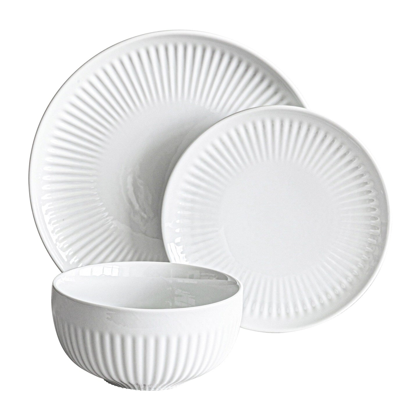 Service de table en porcelaine blanche Over and Back, 24 pièces, à bords cannelés