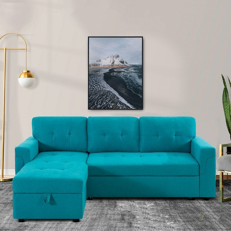 Canapé d'angle réversible avec lit escamotable, chaise longue avec rangement intégré, pieds robustes,