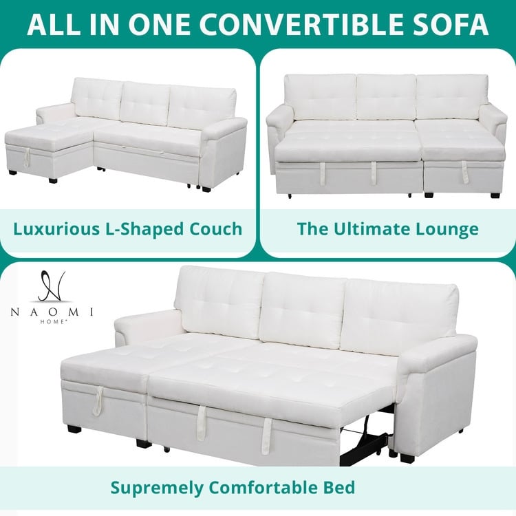 Canapé d'angle réversible avec lit escamotable, chaise longue avec rangement intégré, pieds robustes,