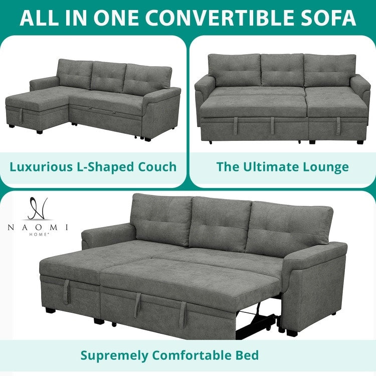 Canapé d'angle réversible avec lit escamotable, chaise longue avec rangement intégré, pieds robustes,