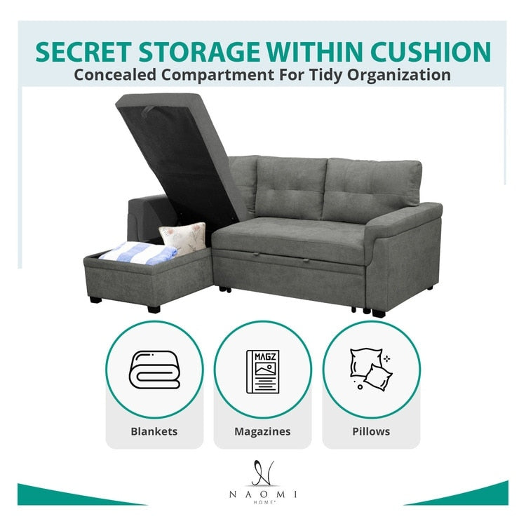 Canapé d'angle réversible avec lit escamotable, chaise longue avec rangement intégré, pieds robustes,