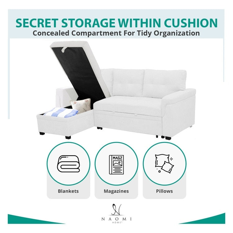 Canapé d'angle réversible avec lit escamotable, chaise longue avec rangement intégré, pieds robustes,